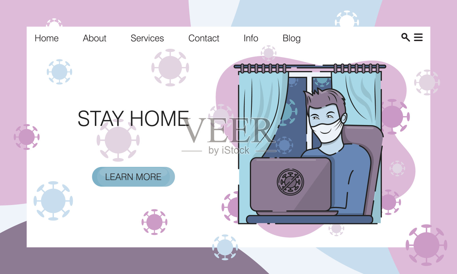 疫情期间，戴防护口罩的男人远程办公设计模板素材
