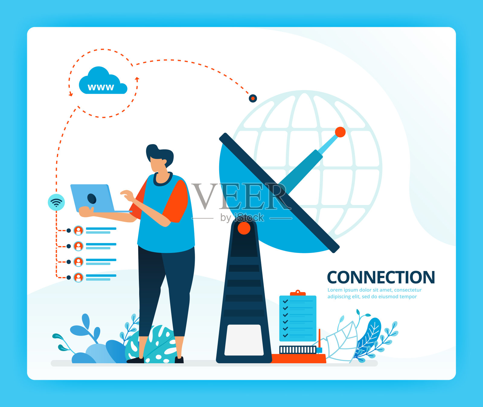 矢量插图的互联网连接和发射机的通信。人类矢量卡通人物。设计着陆页，网页，网站，网页，手机应用程序，横幅，传单，小册子插画图片素材