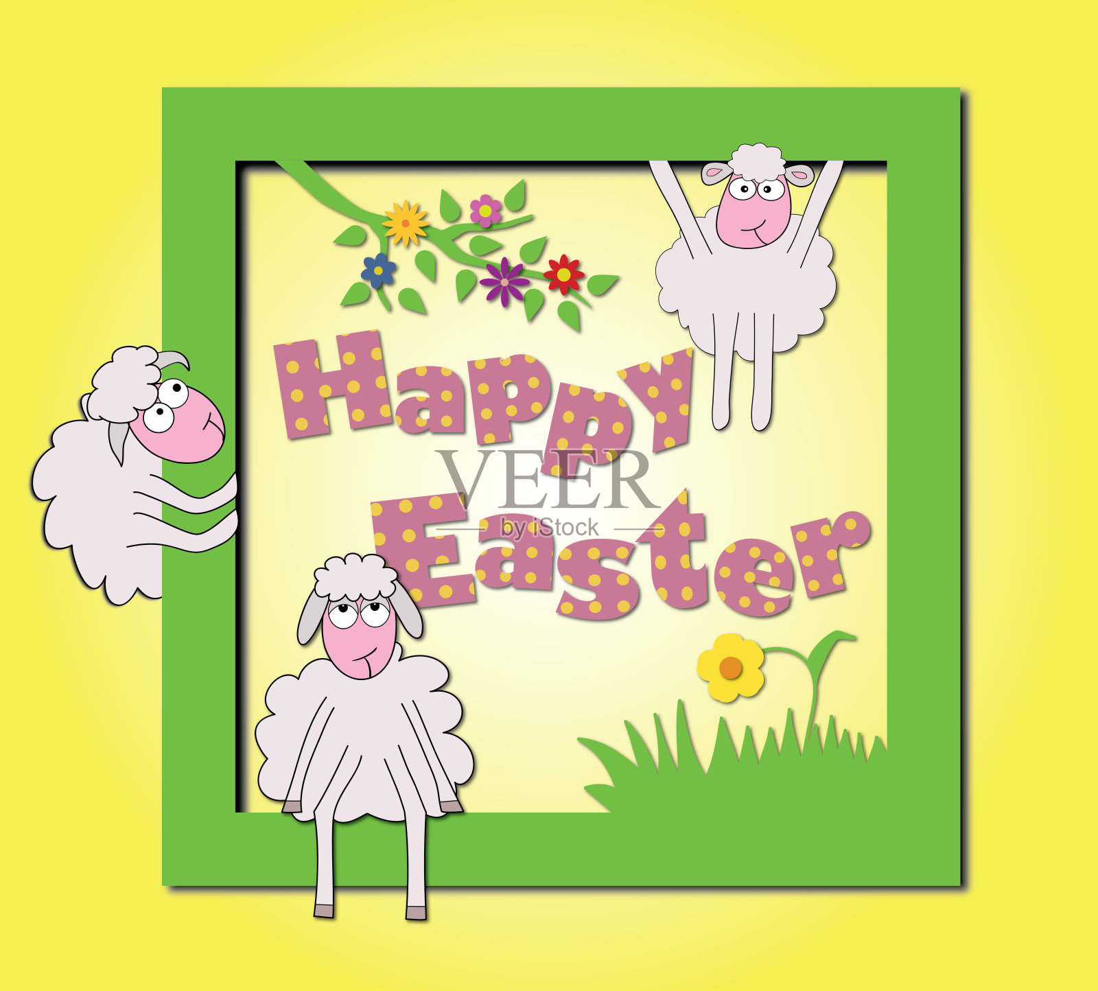 复活节快乐矢量插图与有趣的卡通羊和花。设计模板素材