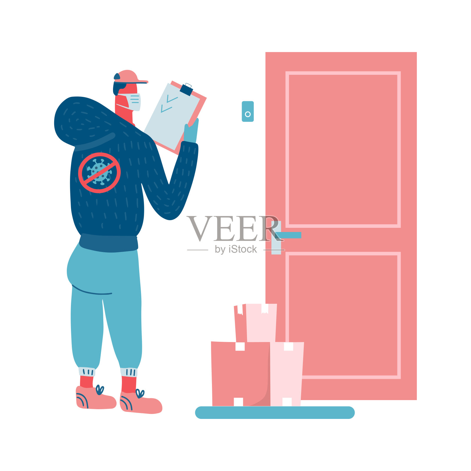 带医用口罩和医用手套的快递员将纸箱从超市送到门口。非接触传递，防止冠状病毒传播。平面向量插图插画图片素材