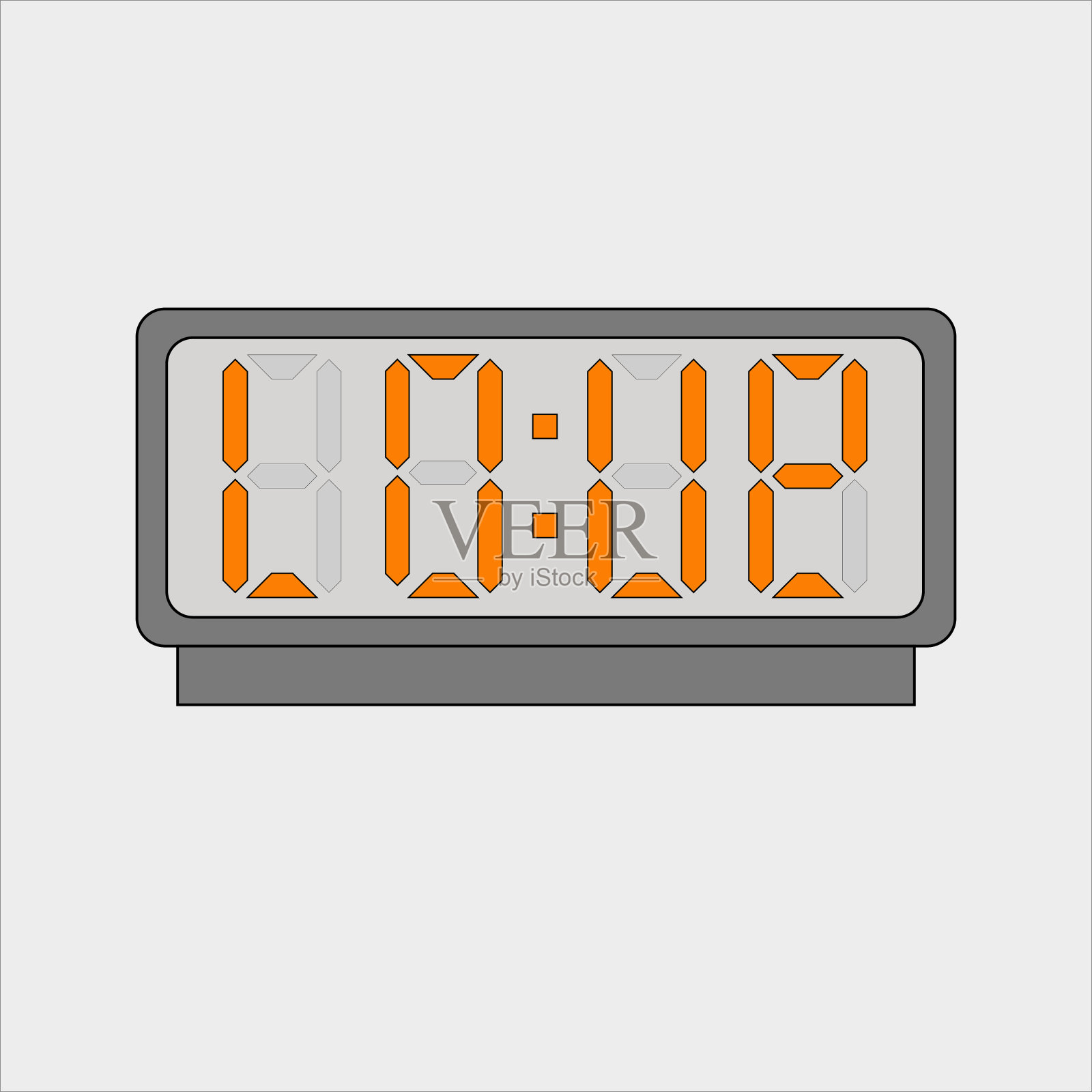 数字时钟或闹钟的矢量图像或图片，在浅灰色背景上有橙色的数字显示时间。爱情这个浪漫的词出现在屏幕上插画图片素材