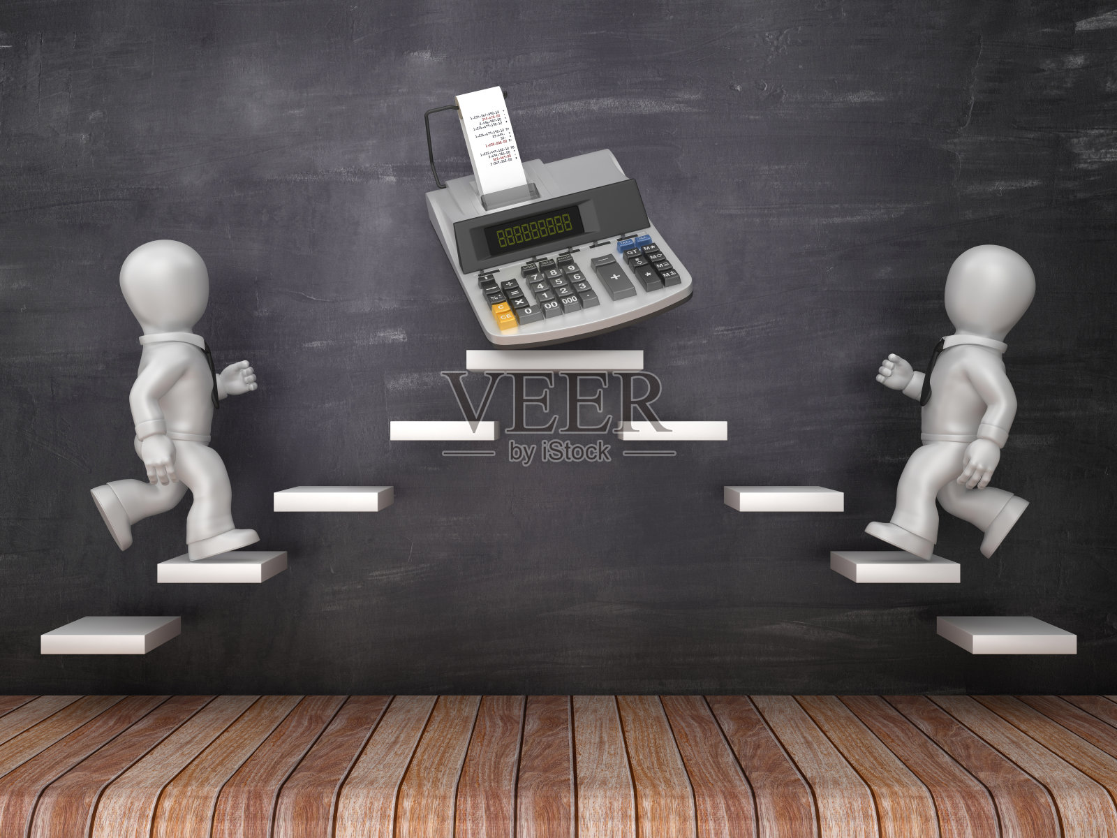 商业字符在步骤与计算器在黑板上- 3D渲染照片摄影图片