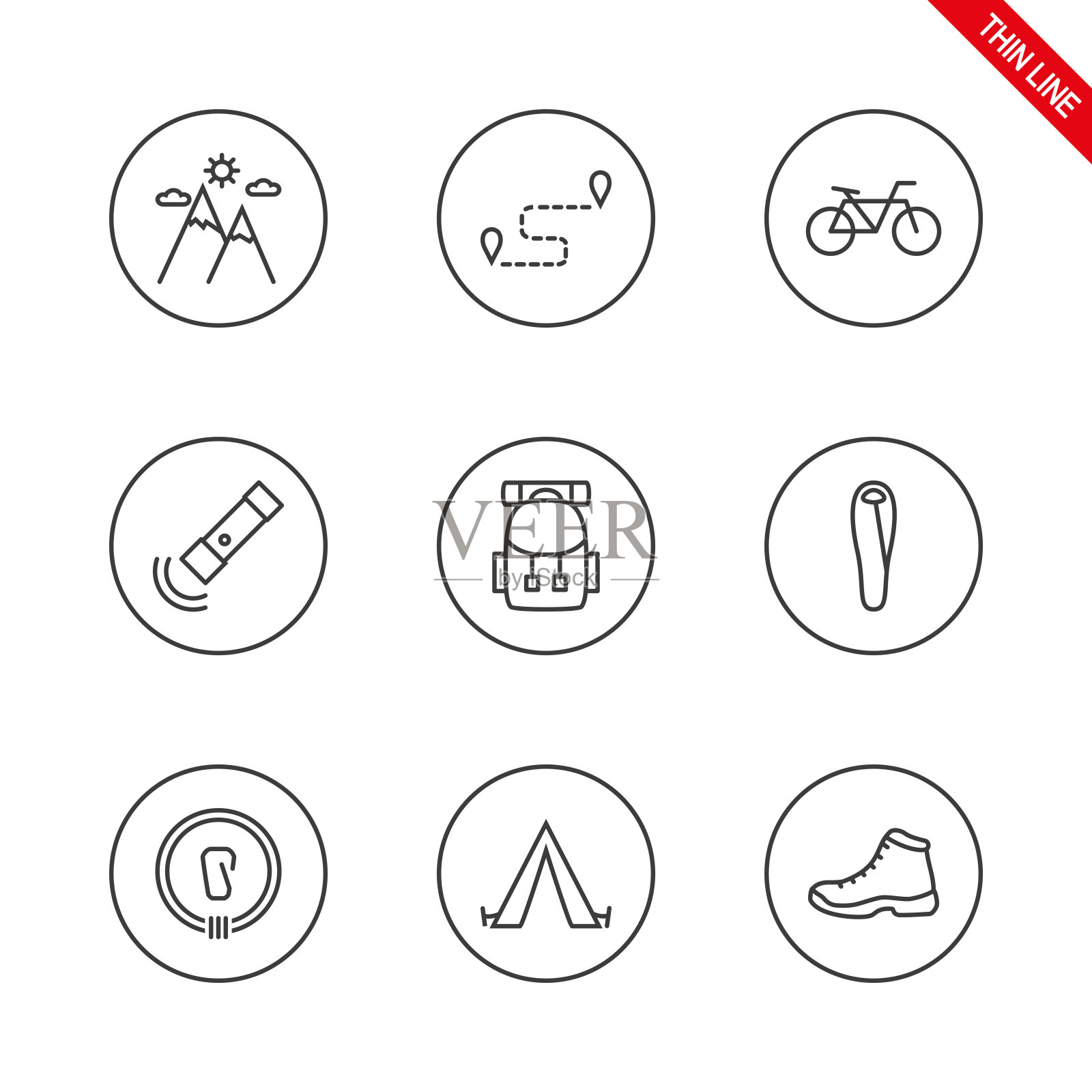 露营。普遍的图标集。向量。细线。图标素材