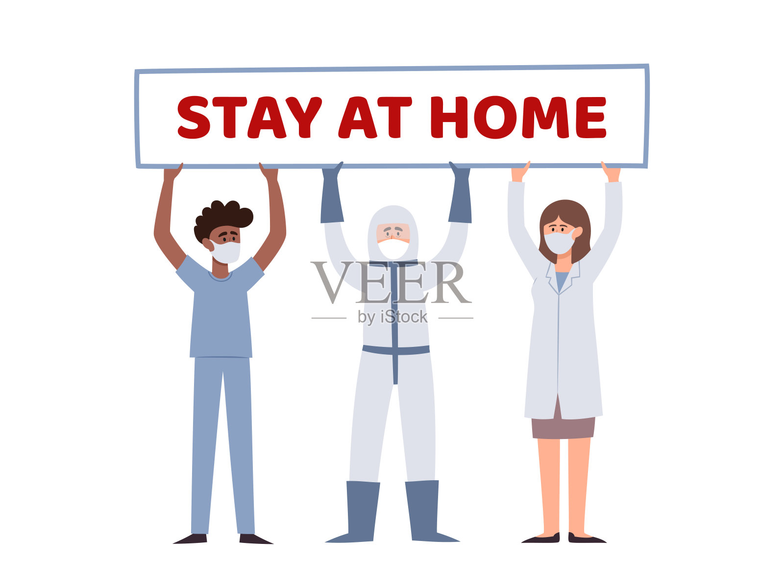 矢量插图的医务人员拿着海报呆在家里设计元素图片