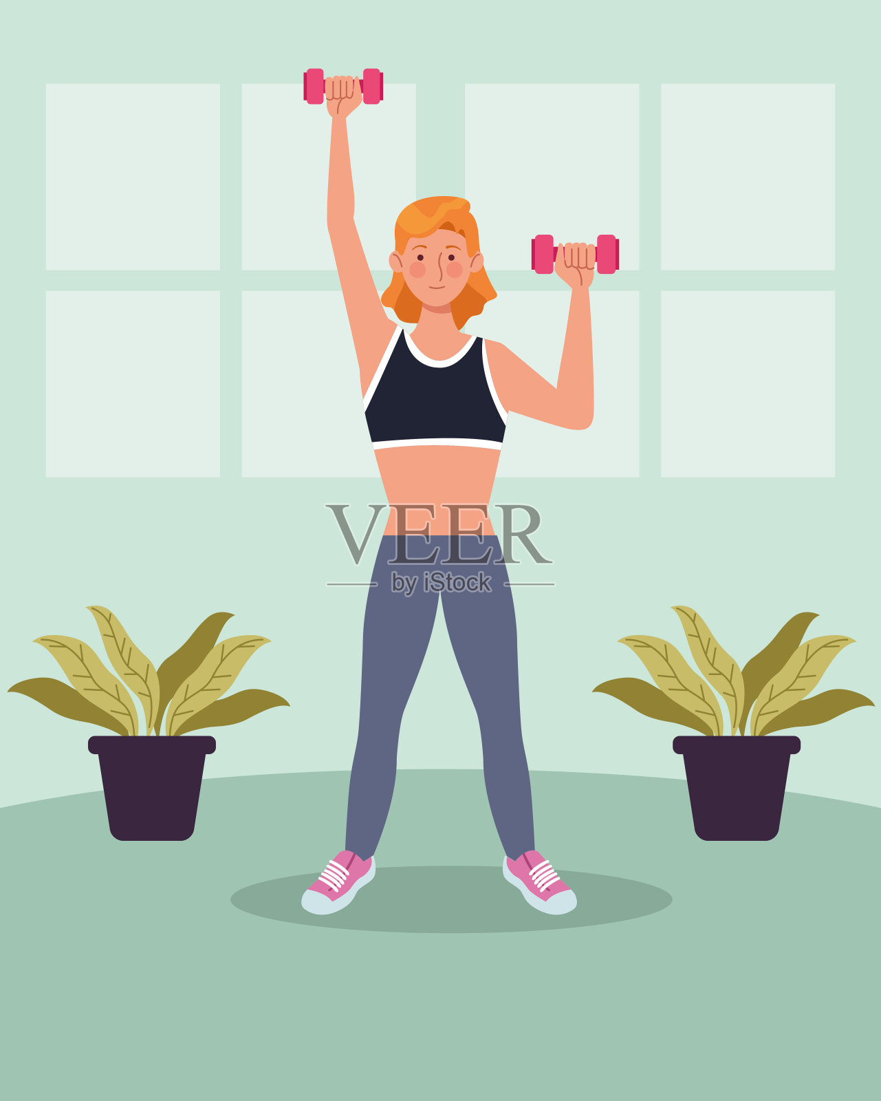 在屋子里举着哑铃的女人插画图片素材