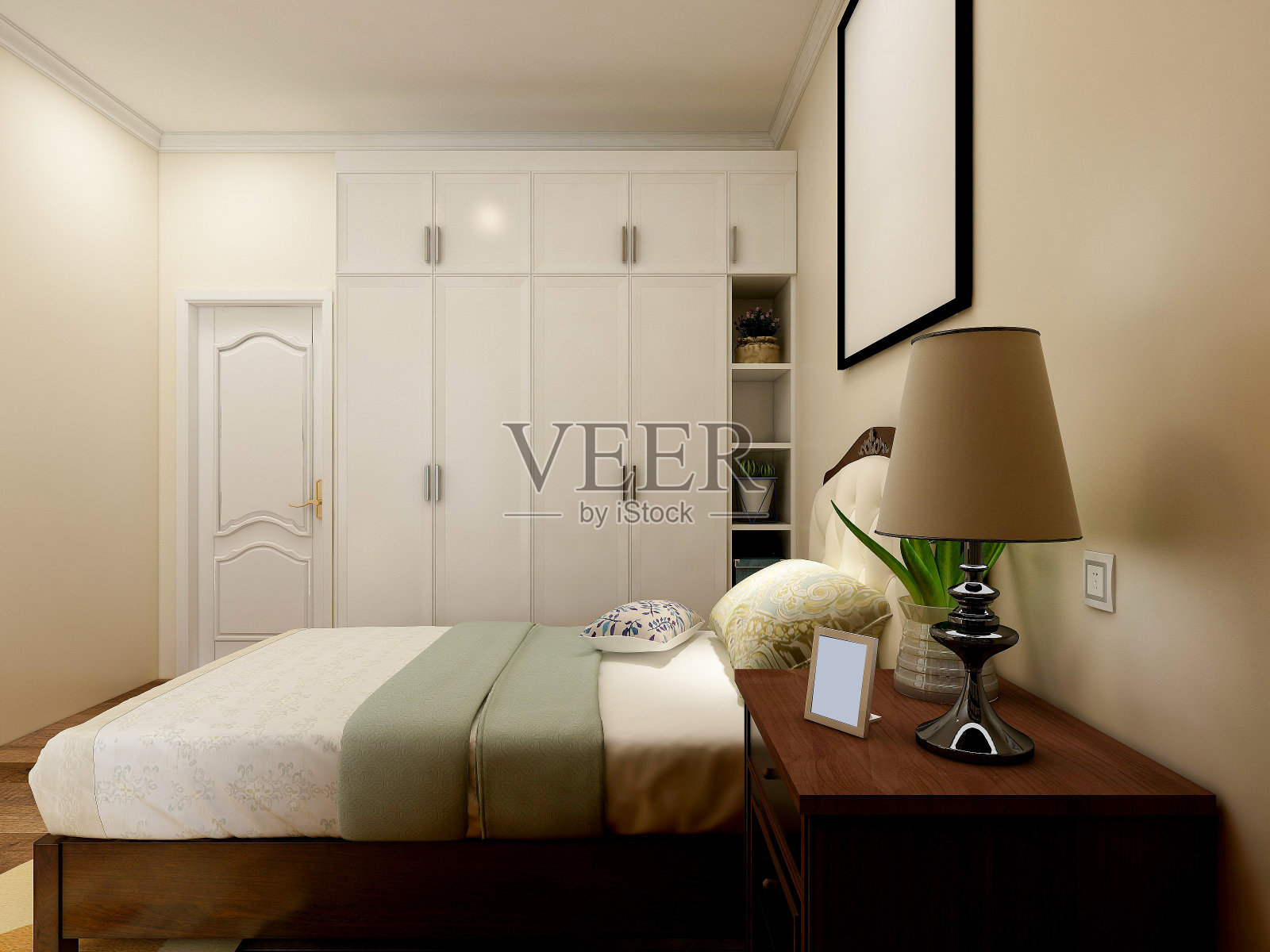 美式卧室设计，大衣柜、书架、课桌等放在大床旁边照片摄影图片