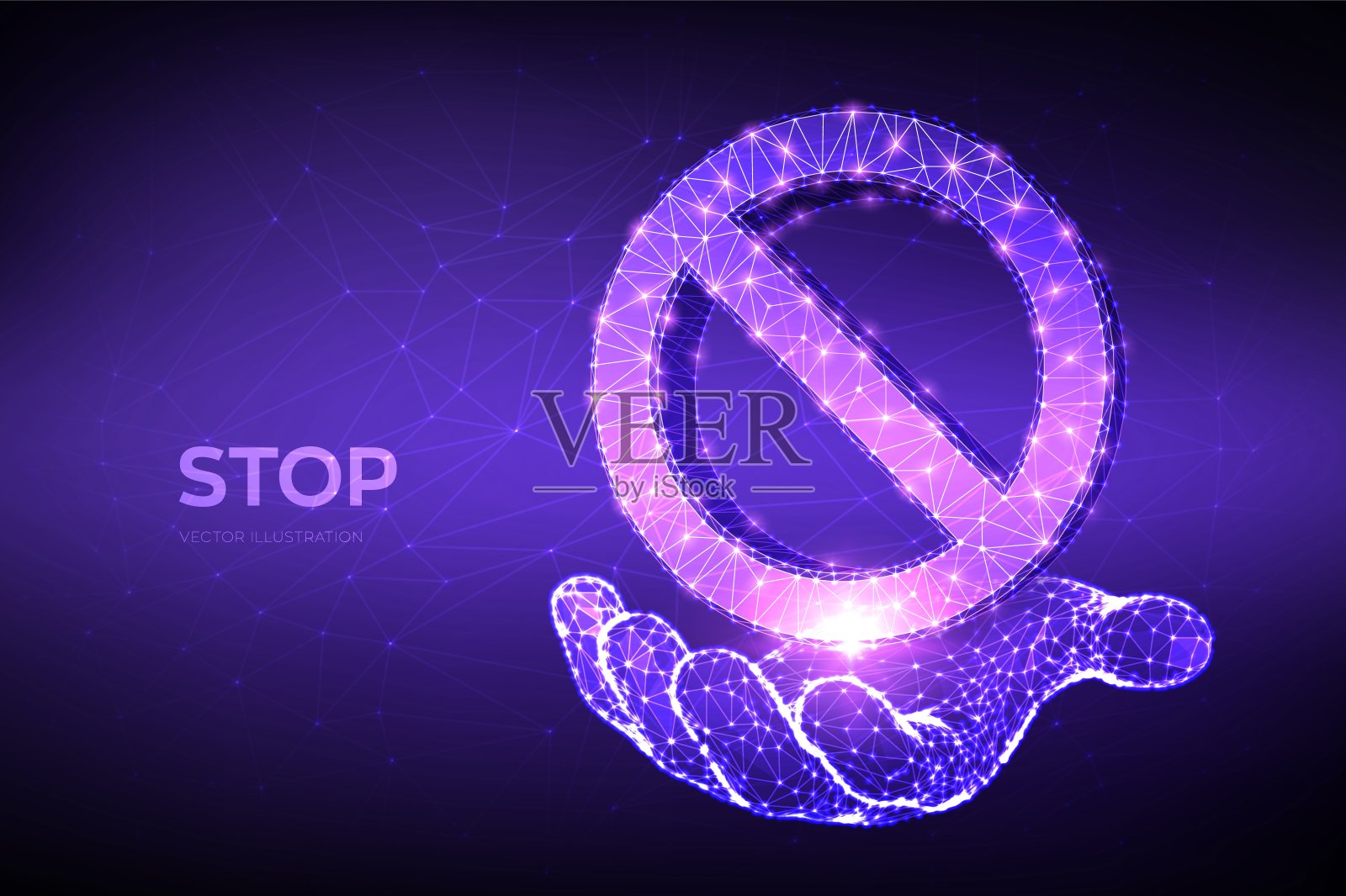 禁止的图标在手。没有标志空划圆。低聚抽象禁止停止禁止进入不允许警告符号。3D低多边形矢量插图。插画图片素材