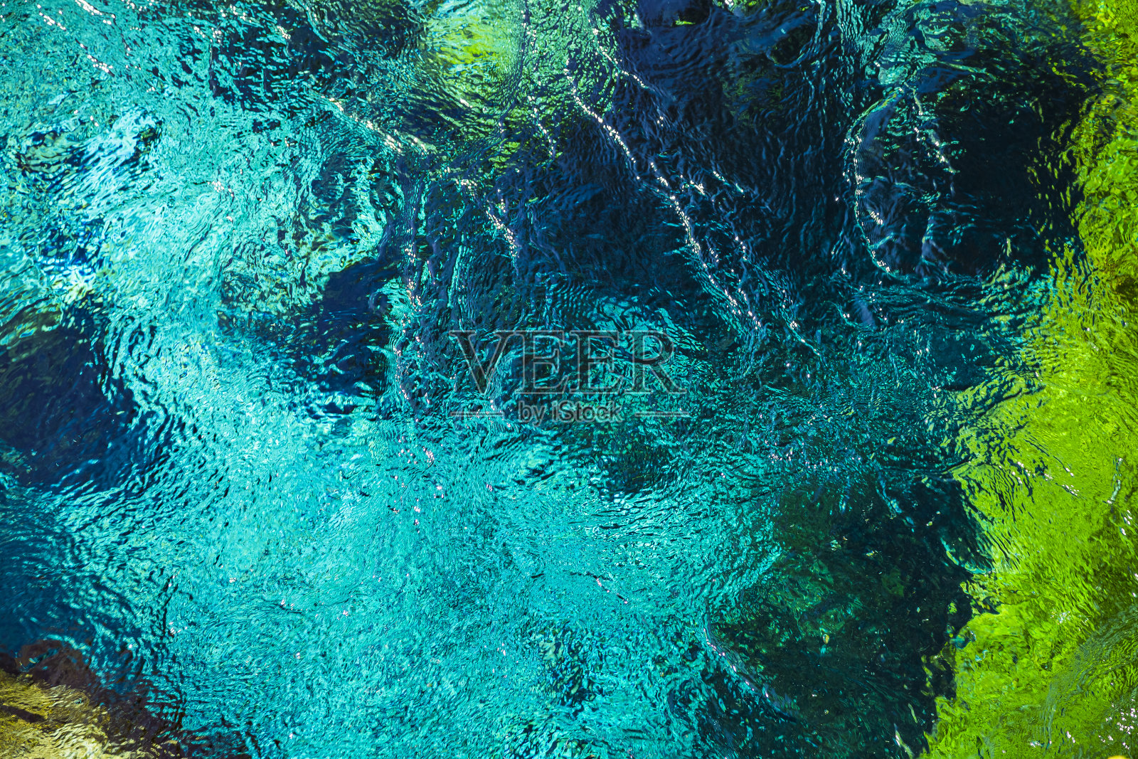 美丽明亮的绿松石春天蓝眼(Syri i Kalter)萨兰达，阿尔巴尼亚，河Bistrice。前视图。可作为抽象的自然水背景。照片摄影图片