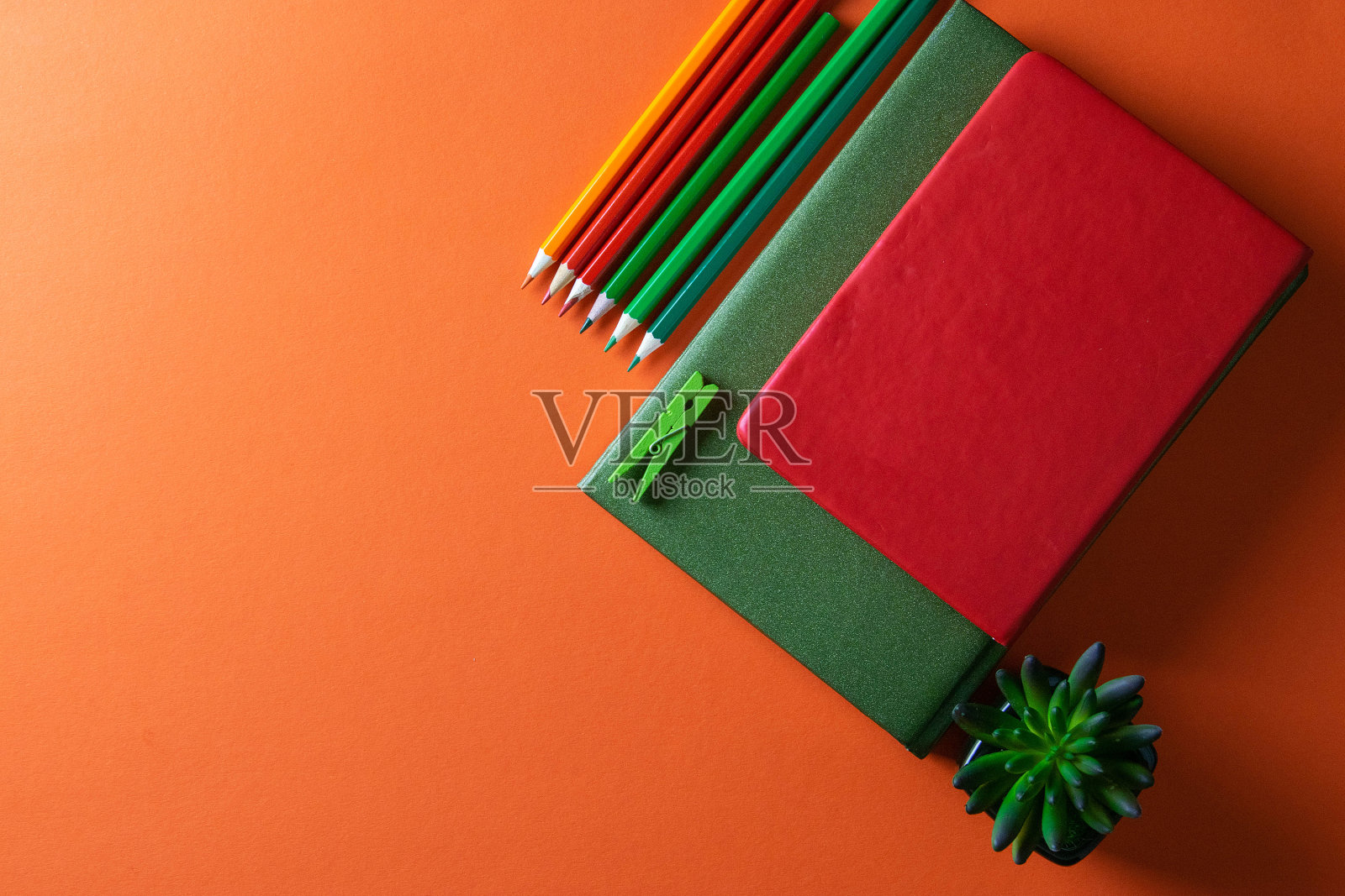 橙色背景上的红绿笔记本与彩色铅笔、绿色植物照片摄影图片