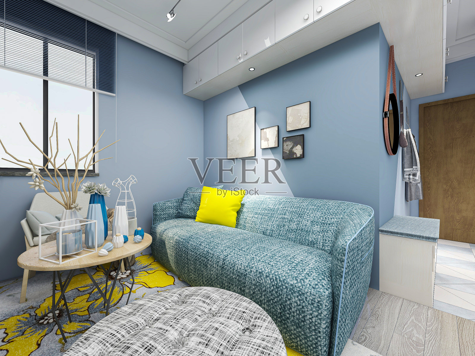 3D渲染，蓝色地中海风格的现代客厅设计，入口配有鞋柜、沙发、电视、桌子等设施照片摄影图片