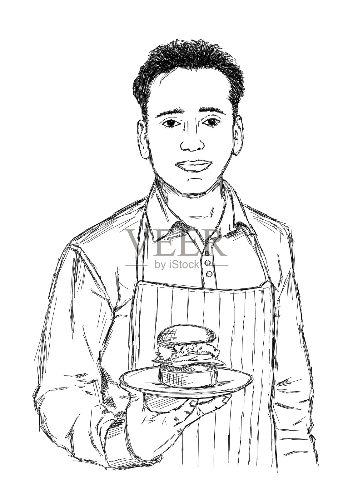 男厨师与一个汉堡在手-矢量草图插画图片素材