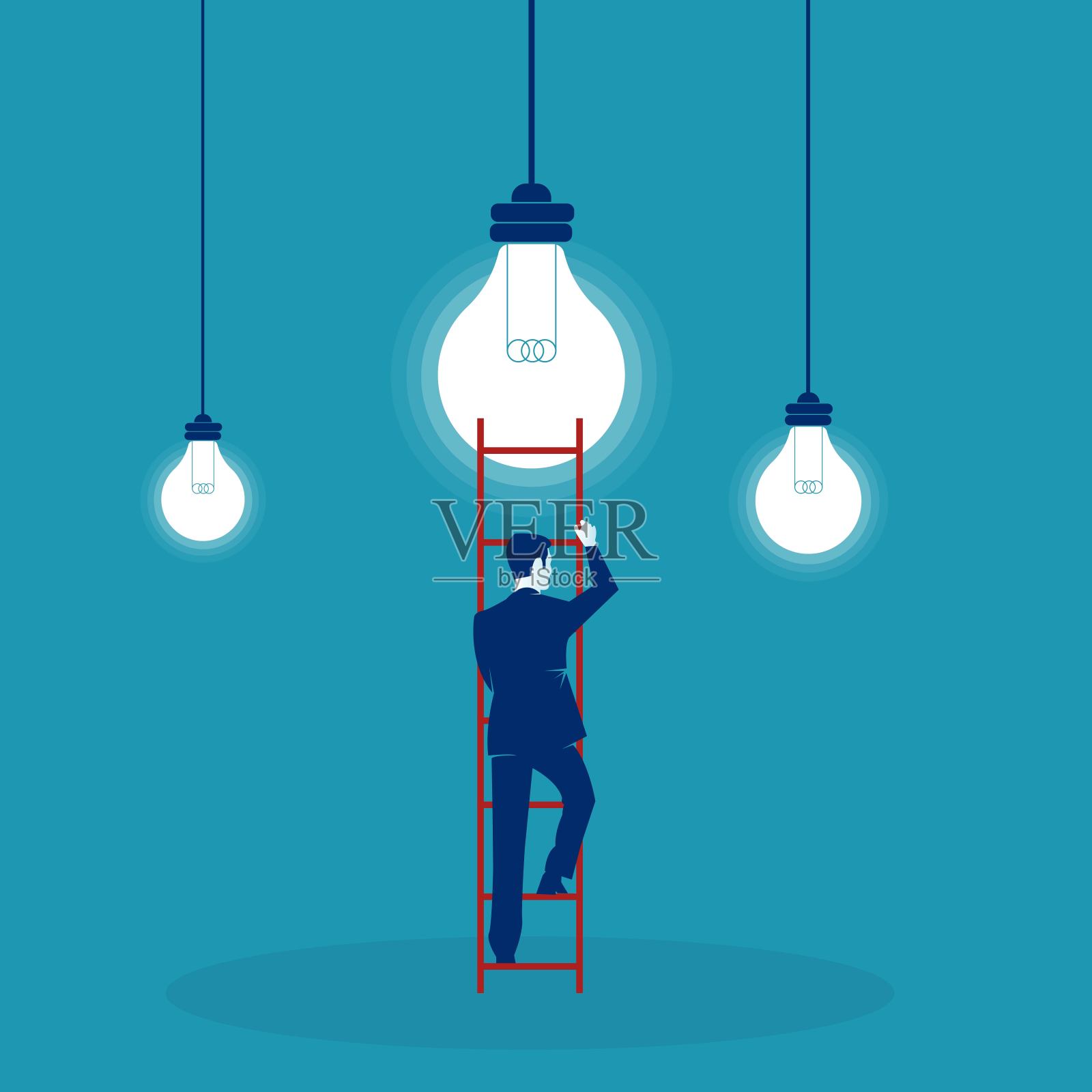 商人爬到一个灯泡上获得新想法插画图片素材
