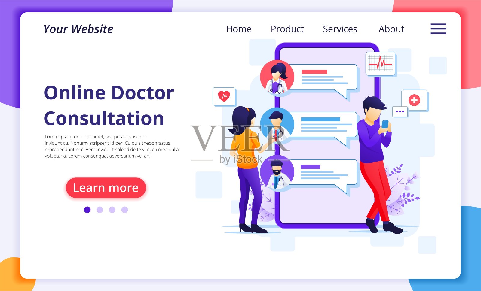 在线医生咨询理念，在线医疗保健协助。现代平面网页登陆页面设计模板。矢量图插画图片素材