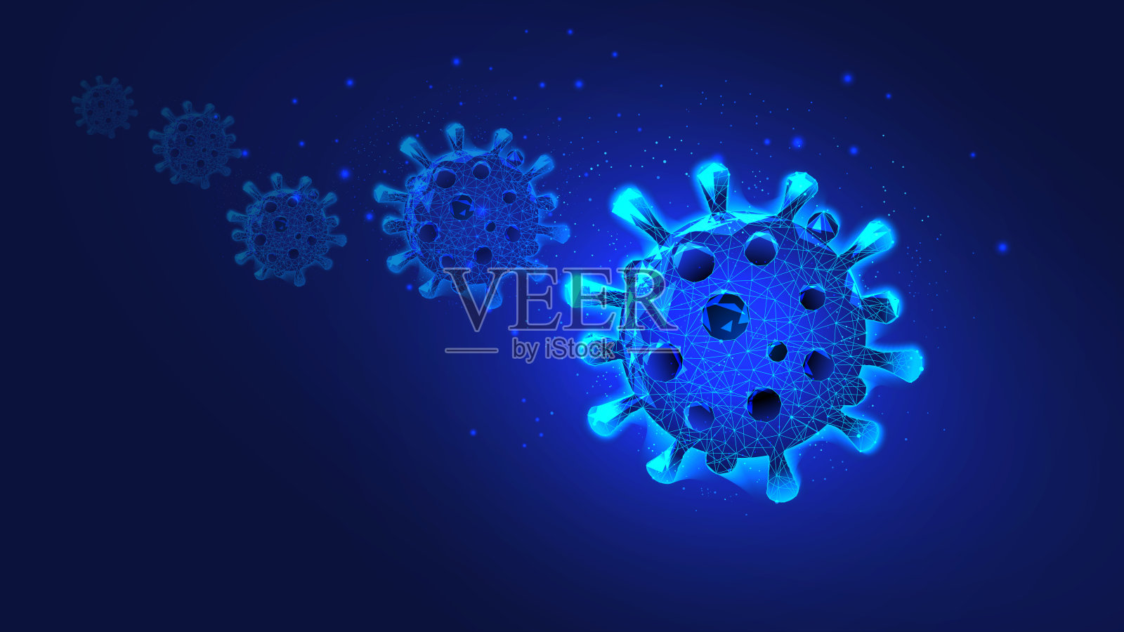 三角形和发光点上的病毒分子。生物医学研究的概念，寻找治疗方案或危险警告。美丽的深蓝色夜空的背景。宏。低聚。插画图片素材