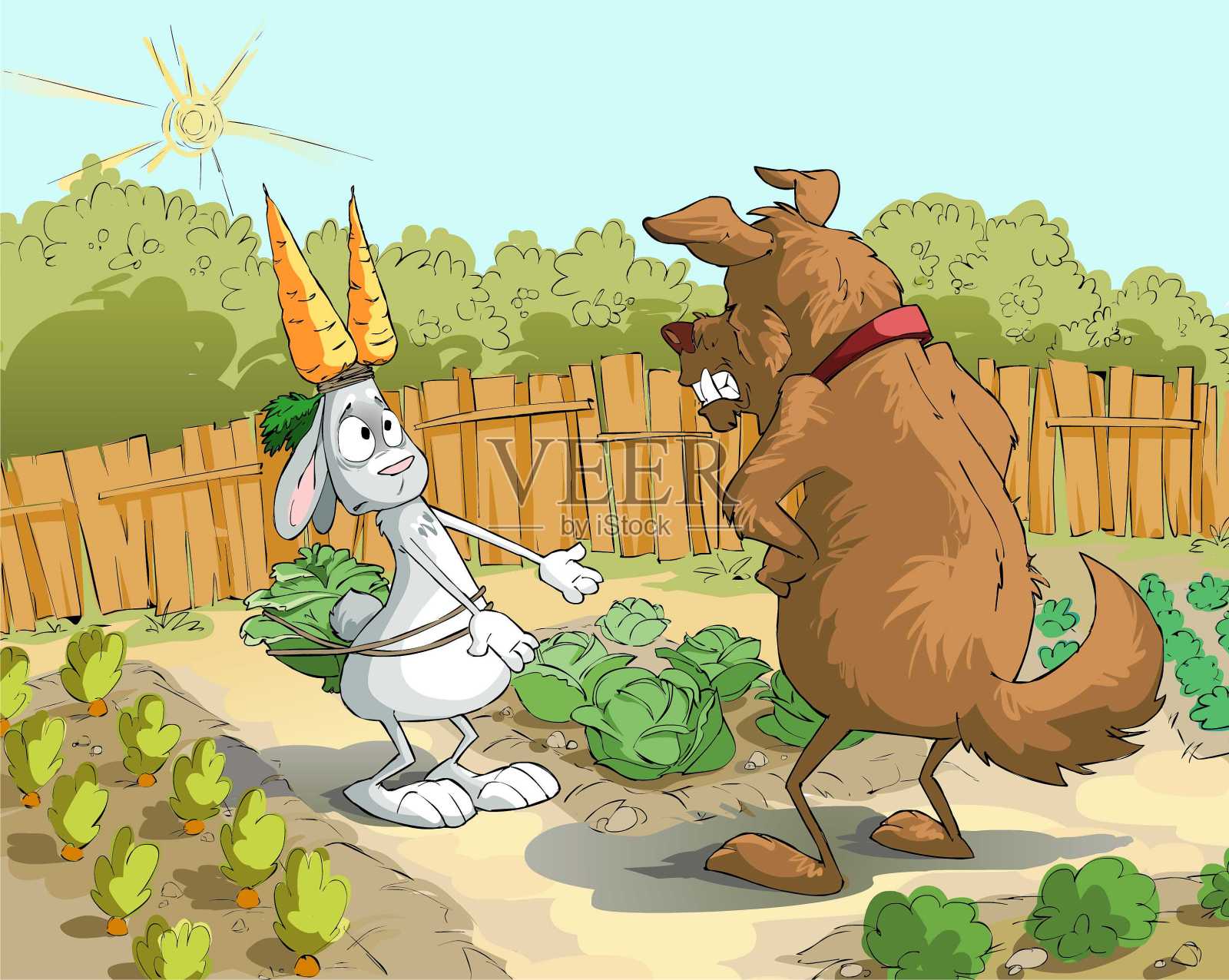 看门狗抓住了偷胡萝卜的兔子插画图片素材