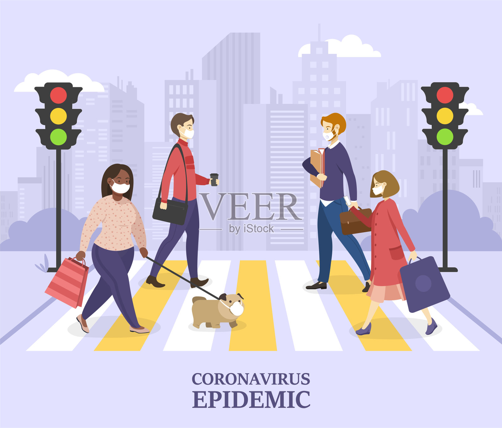 冠状病毒概念与使用口罩的人插画图片素材