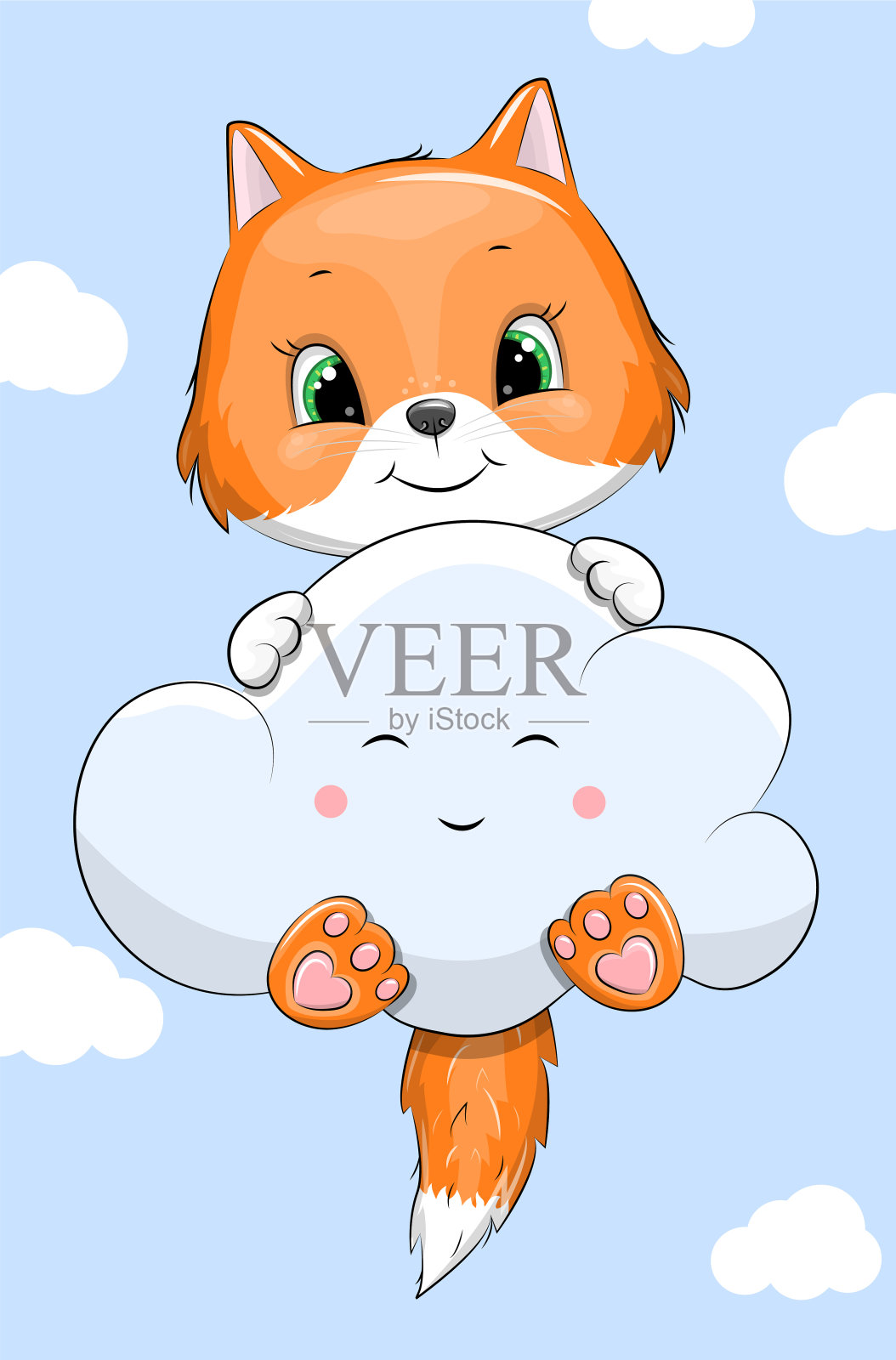 可爱的卡通狐狸带着微笑的云在天空中飞翔。插画图片素材