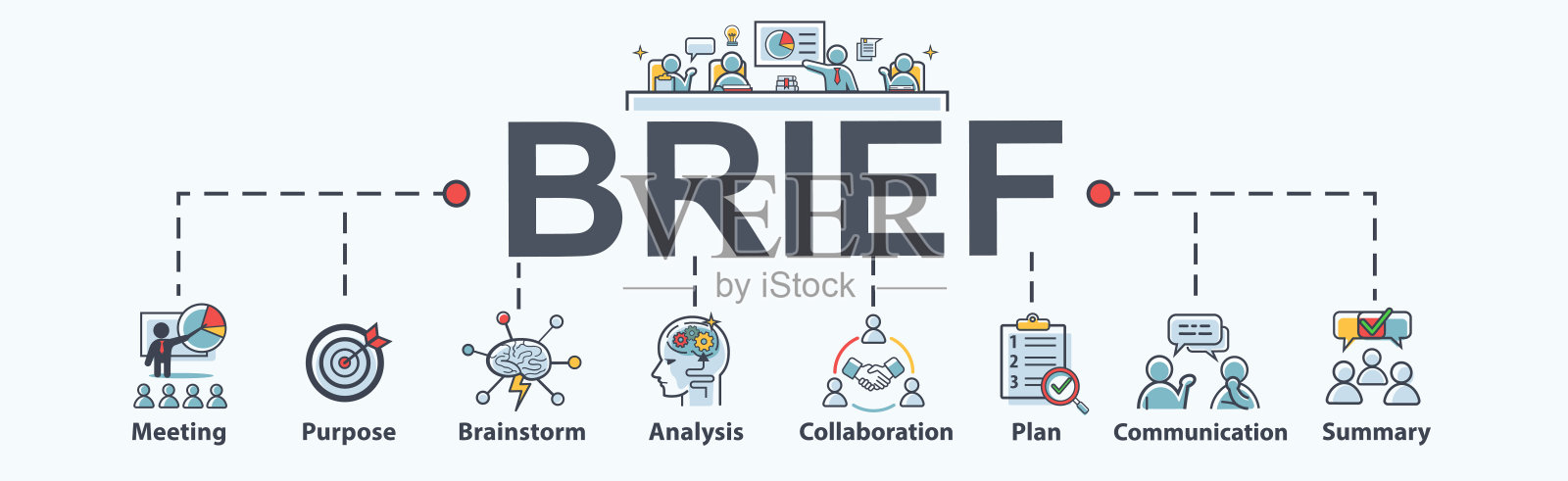 为商业会议，计划，会议，战略，沟通，头脑风暴，团队合作，协作，目标和总结的简短横幅web图标。最小的矢量图。插画图片素材