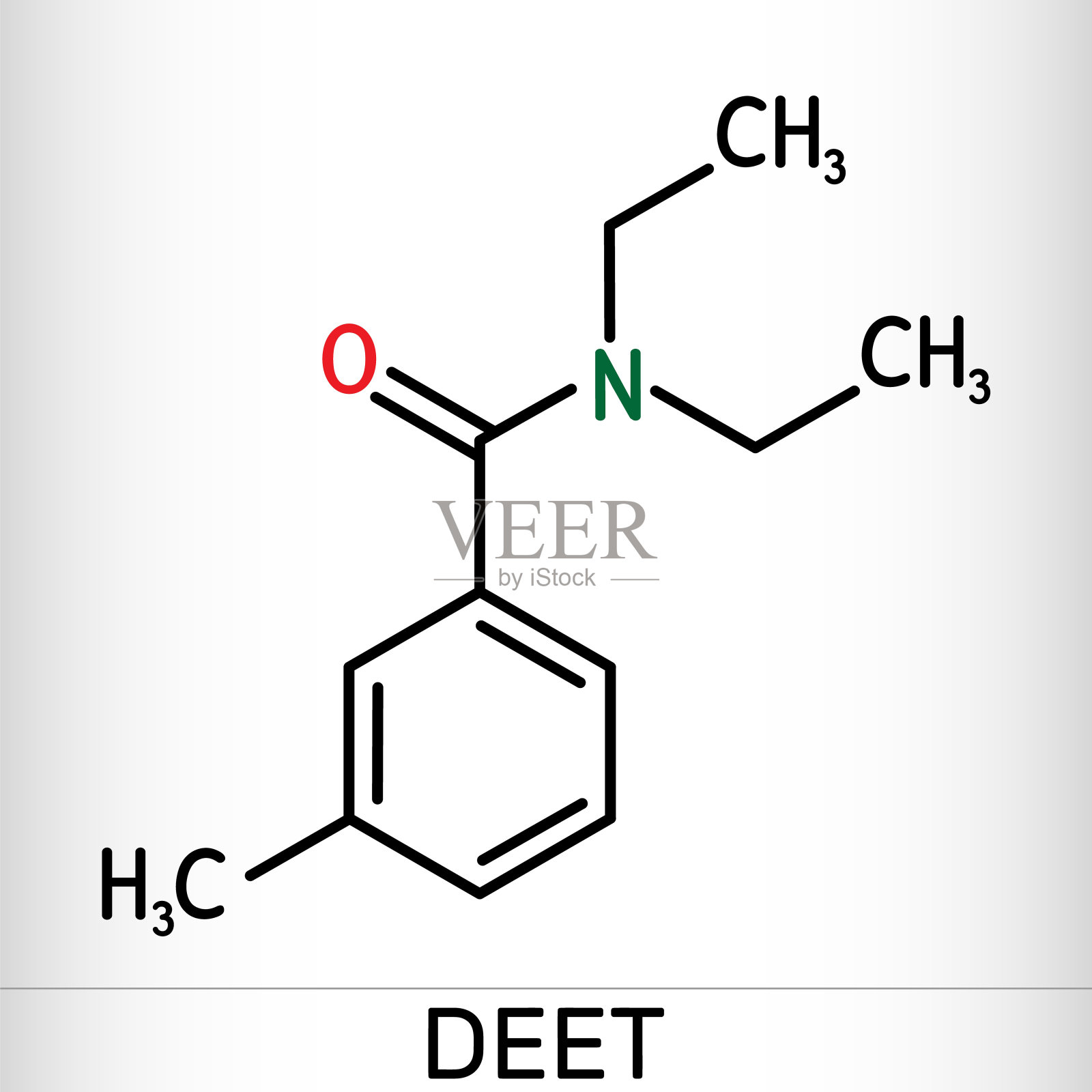 DEET，二乙基甲苯酰胺，N,N-二乙基间甲苯酰胺C12H17NO分子。它是驱虫剂的有效成分。骨骼的化学公式插画图片素材