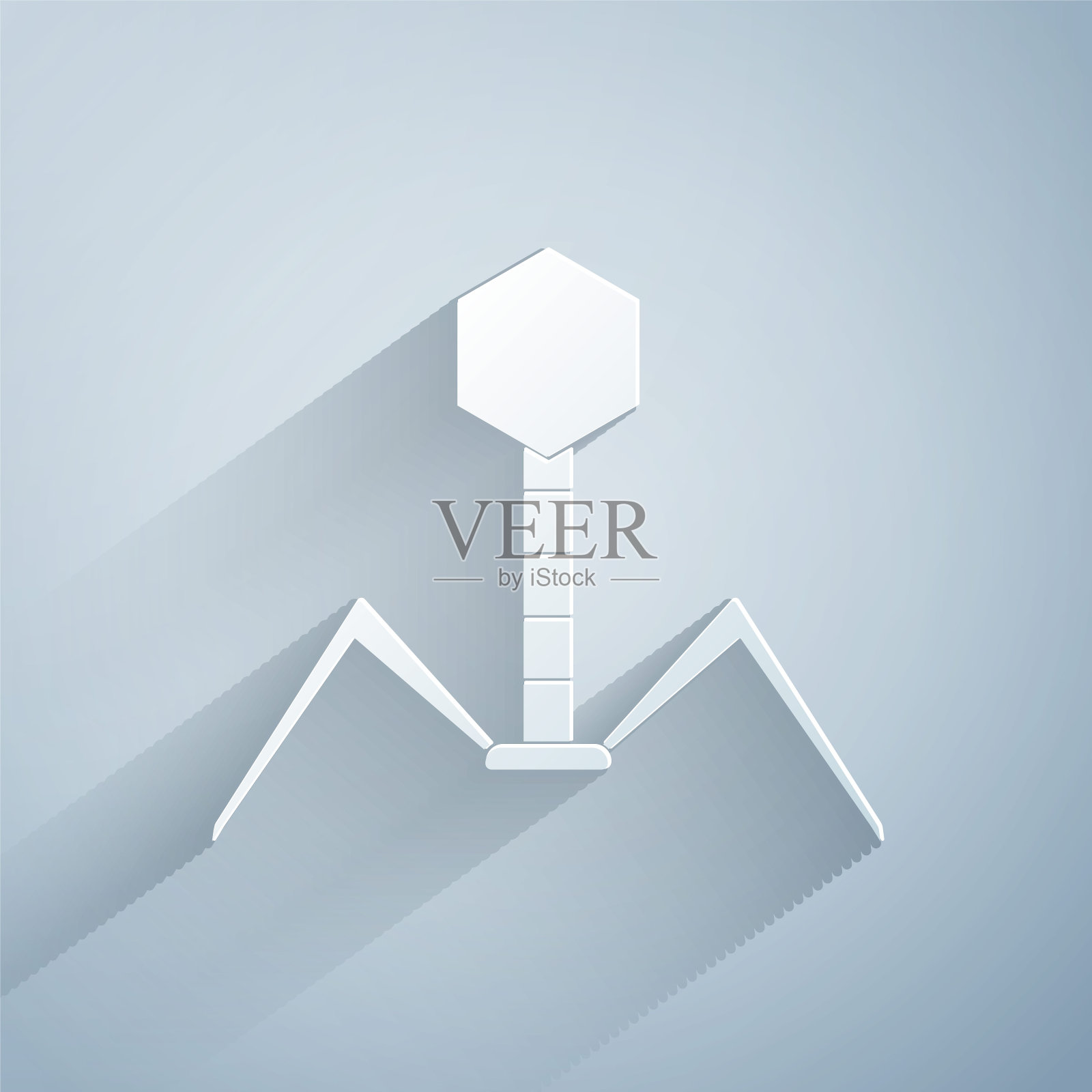 灰色背景上分离出的细菌噬菌体图标。细菌感染的迹象。微生物引起疾病的概念。纸艺术风格。矢量图插画图片素材