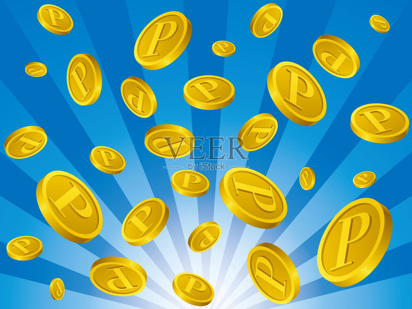 硬币从上方落下(蓝色背景)插画图片素材