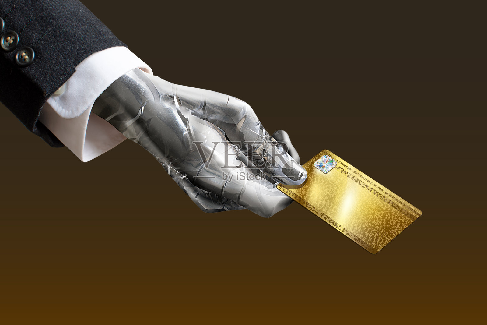 一个商人的人工智能机器人的手提供。照片摄影图片