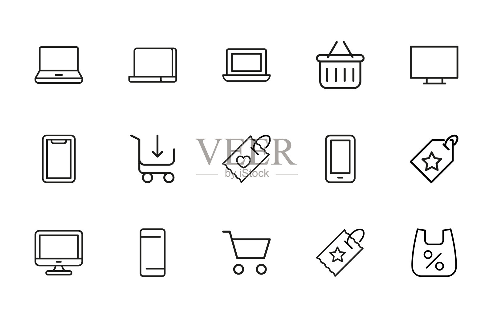 现代细线图标集网上购物。图标素材