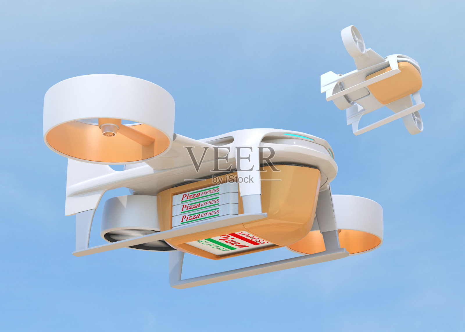 垂直起降运送无人机在空中运送披萨盒照片摄影图片