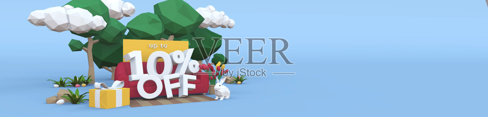 百分之十的非复活节销售3D横幅与拷贝空间。照片摄影图片