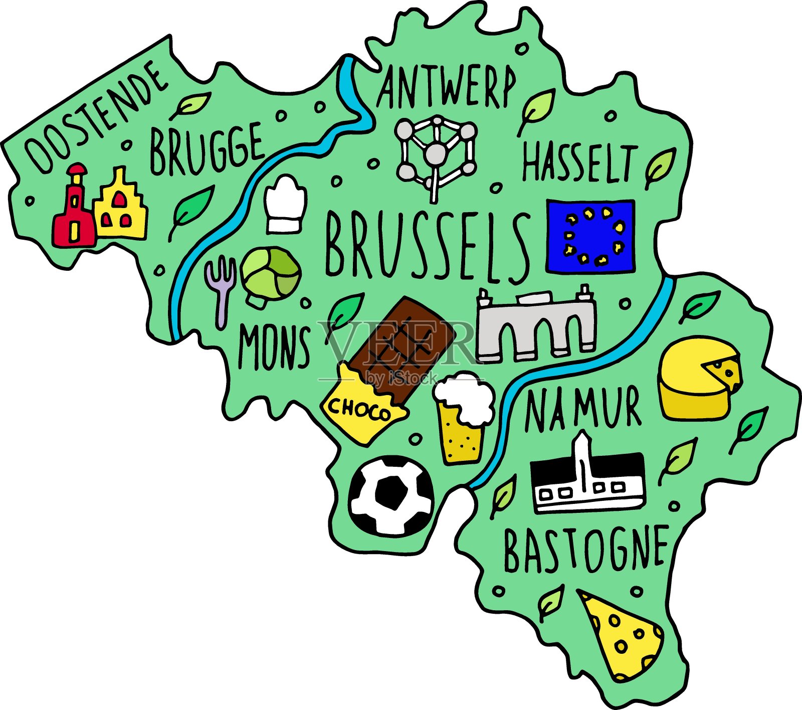 彩色手绘涂鸦荷兰地图。荷兰城市的名字，字母和卡通地标，旅游景点cliparts。旅行，旅行漫画信息海报，横幅概念设计。阿姆斯特丹,插画图片素材