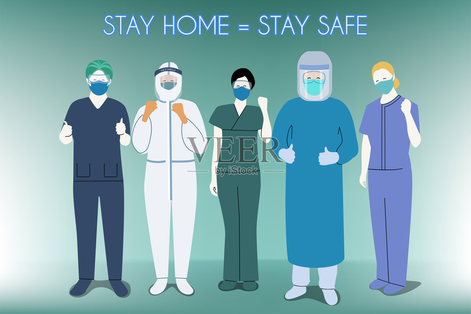 医生、护士和科学佩戴外科口罩和防护服特征Covid-19病媒概念插画图片素材