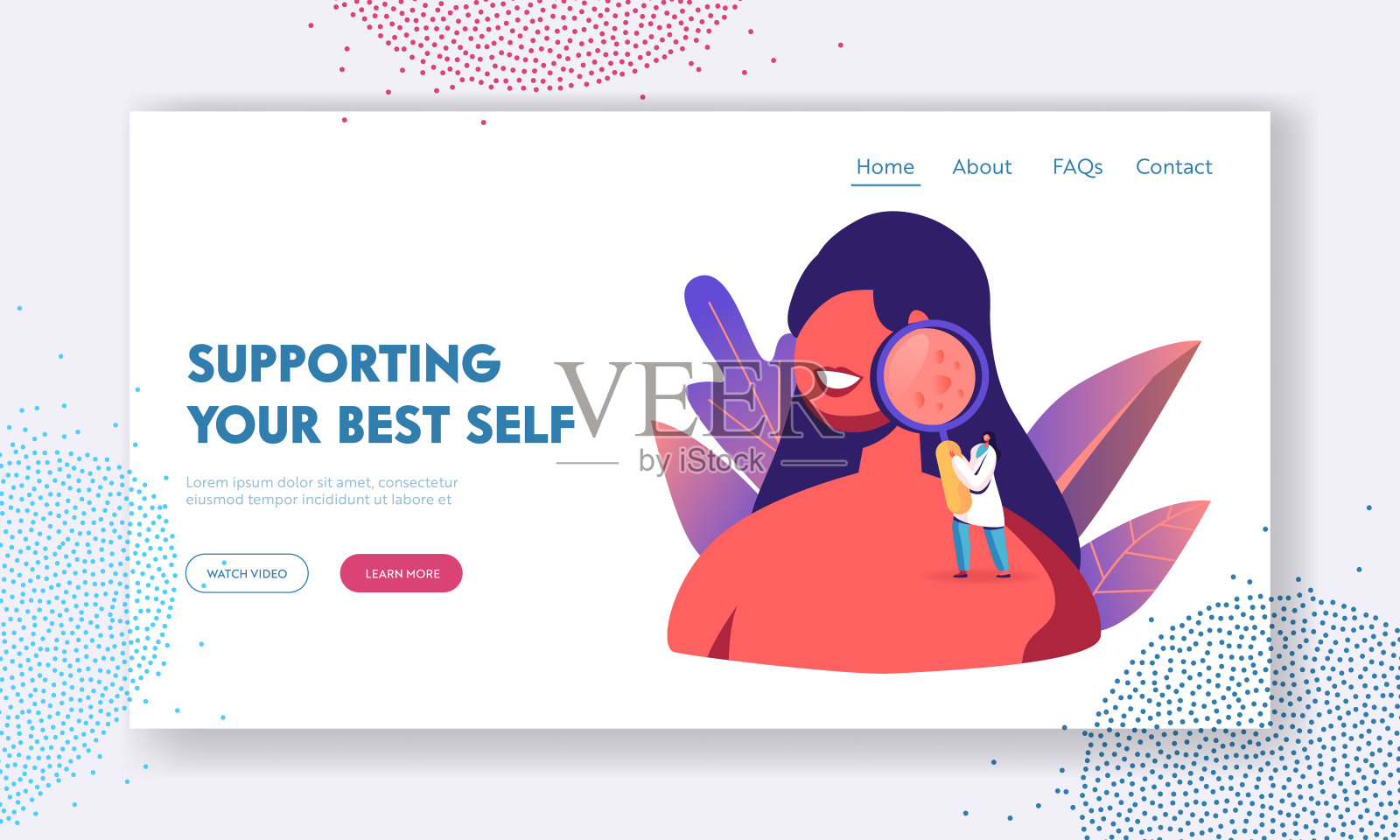 采购产品皮肤科和美容医学，治疗，保健登陆页模板。小医生皮肤科医生角色看女孩的脸痤疮炎症。卡通人物矢量插图插画图片素材