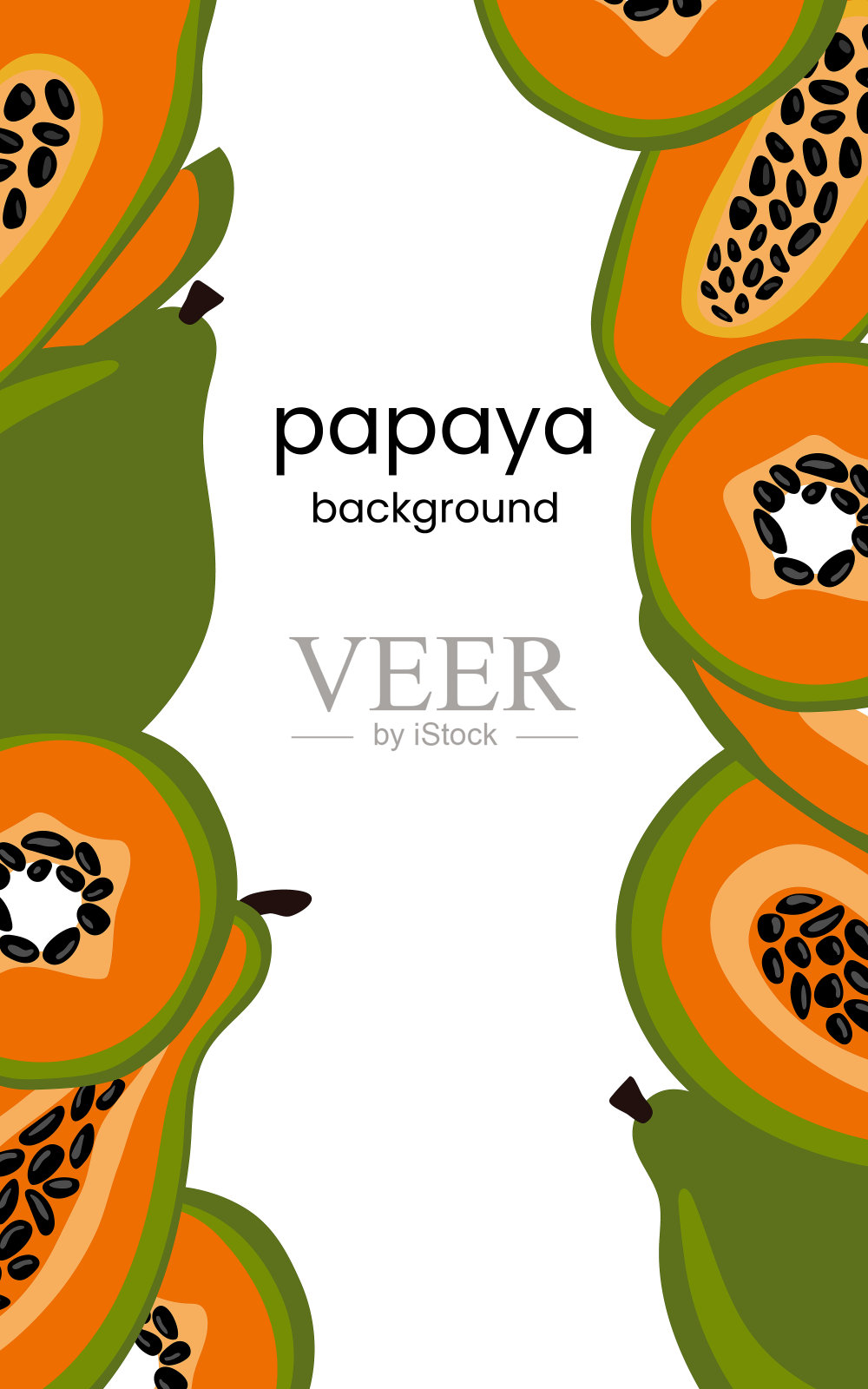 木瓜新鲜热带水果横幅。卡通颜色矢量边界，框架设计菜单，烹饪书，卡片，海报。孤立的插图上的白色背景。插画图片素材