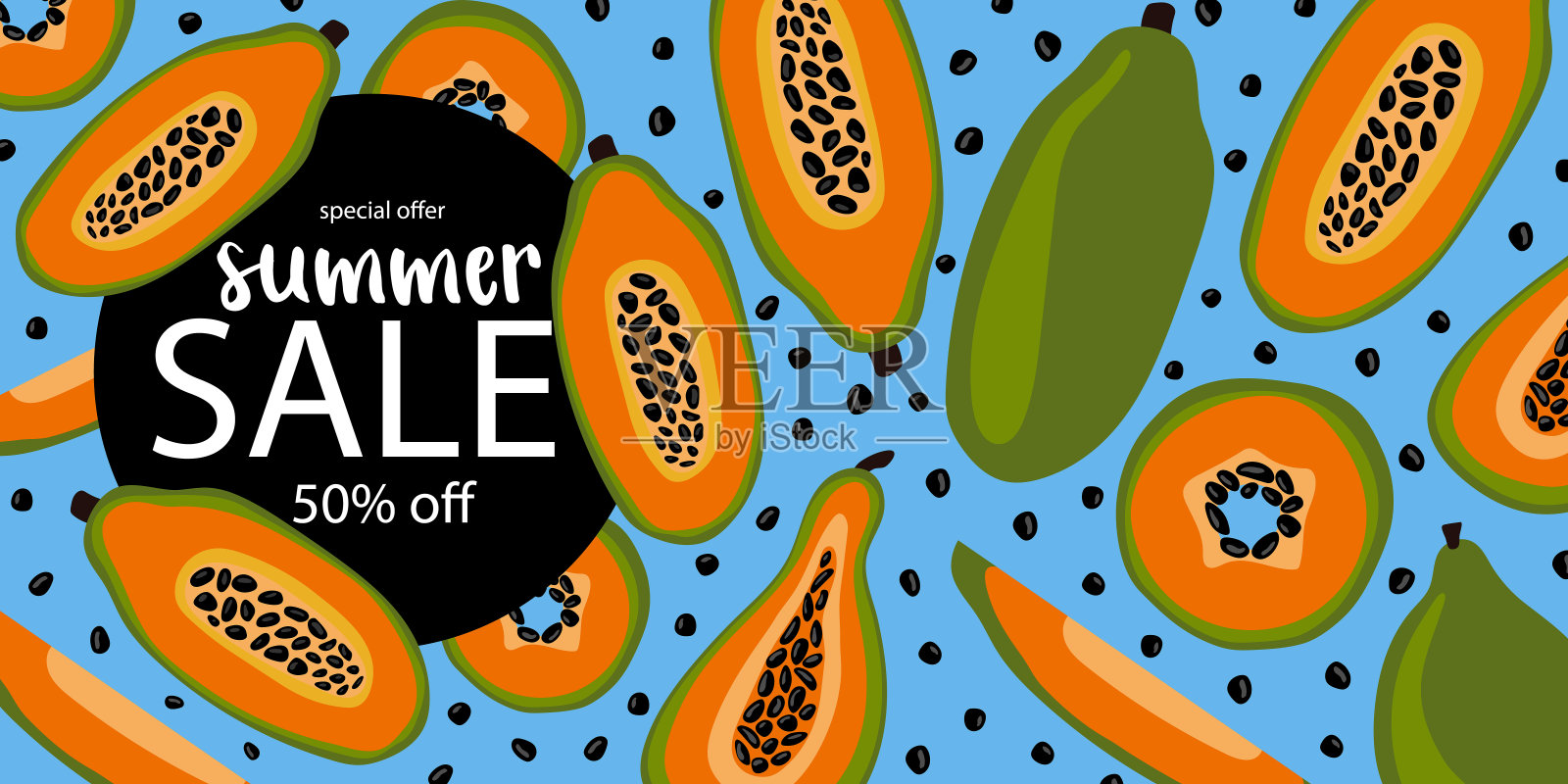 夏季销售横幅与涂鸦木瓜背景，异国情调的水果设计横幅，传单，邀请，海报，网站或贺卡。平面风格，矢量插图设计模板素材