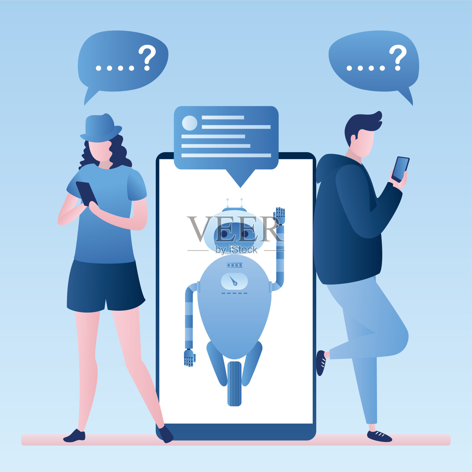 聊天机器人机器人的概念背景。对话框的帮助服务。人类使用智能手机，在屏幕上显示语音信息的机器人。插画图片素材