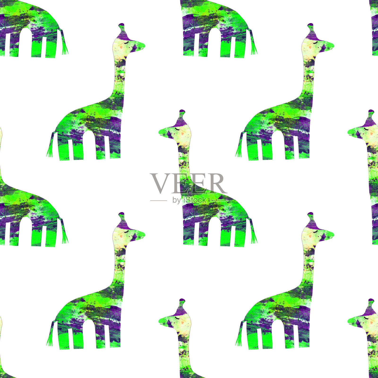 无缝图案的彩色水彩纸拼贴长颈鹿在白色的背景。可爱的剪影手工制作的牛皮纸上无休止的打印。壁纸上有绿色和紫色的非洲动物。插画图片素材