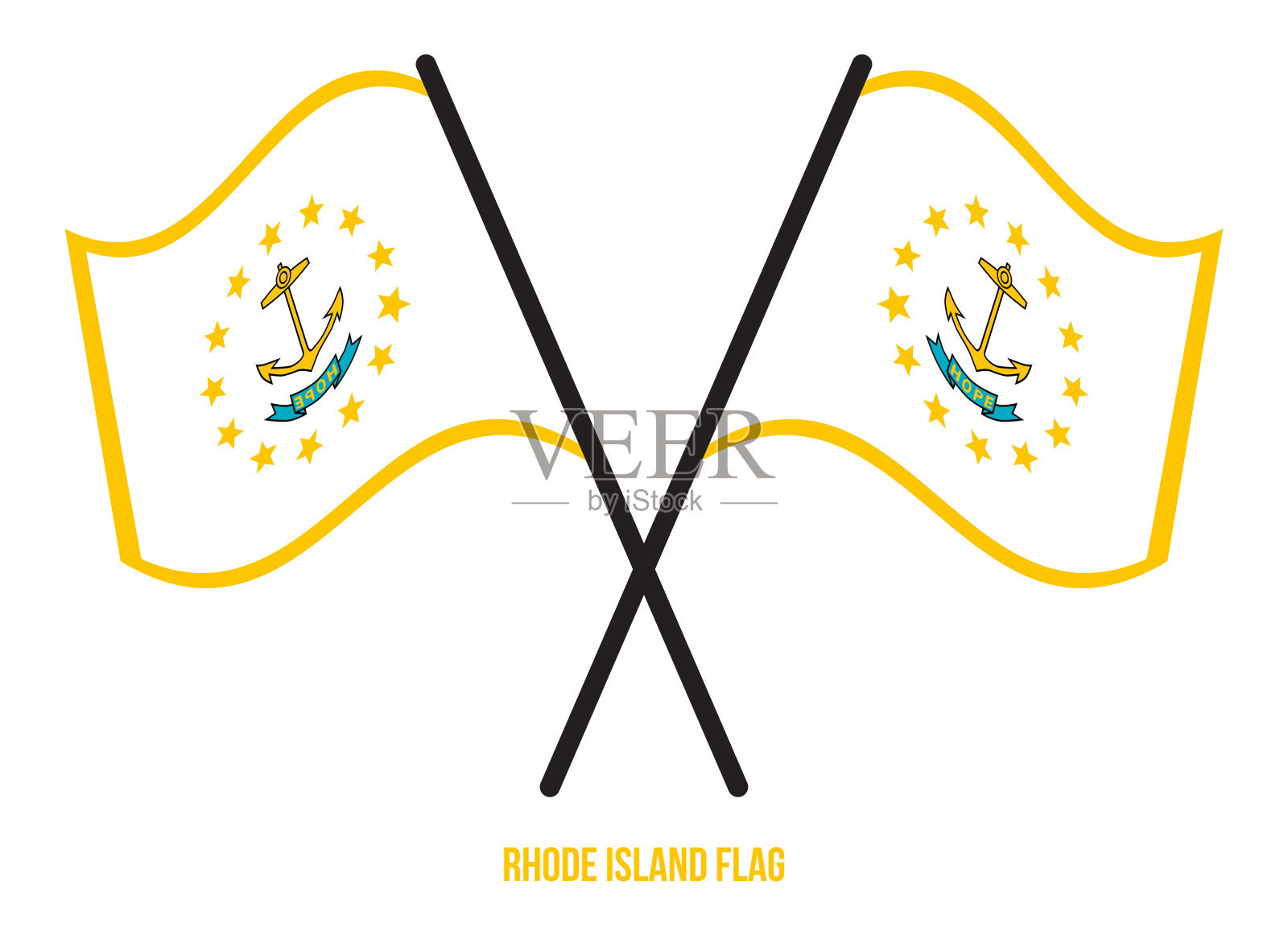 在孤立的白色背景上，两面交叉挥舞的罗德岛国旗。设计元素图片