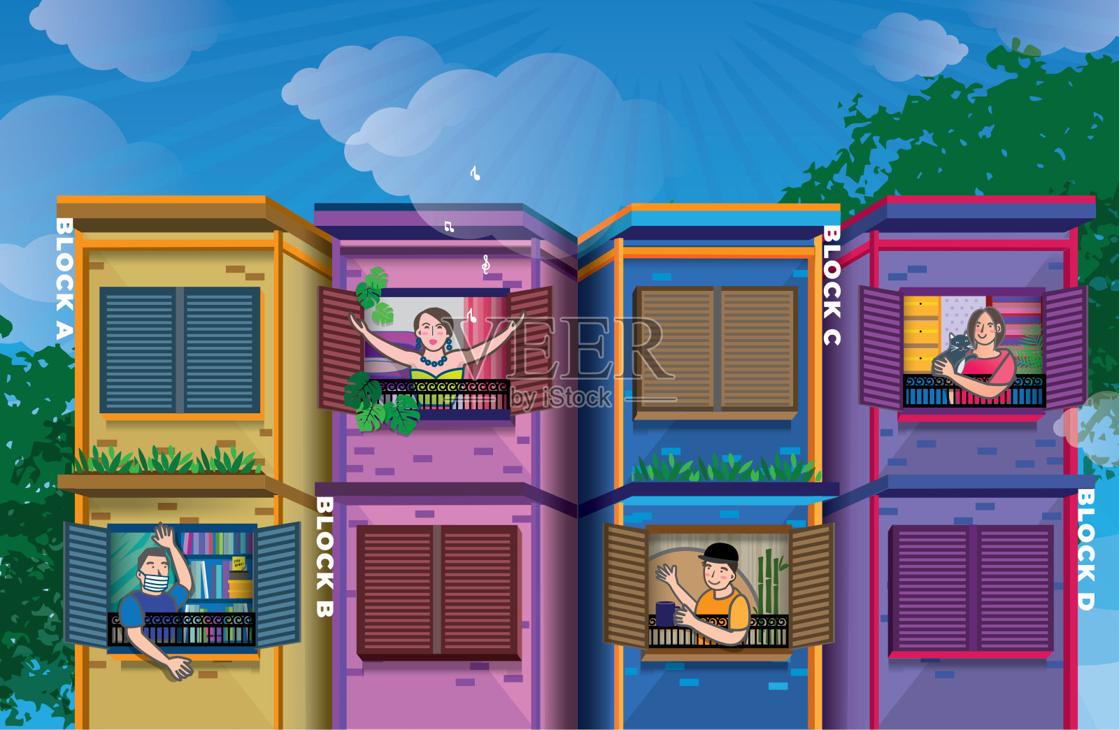 一间公寓的居家隔离场景。插画图片素材