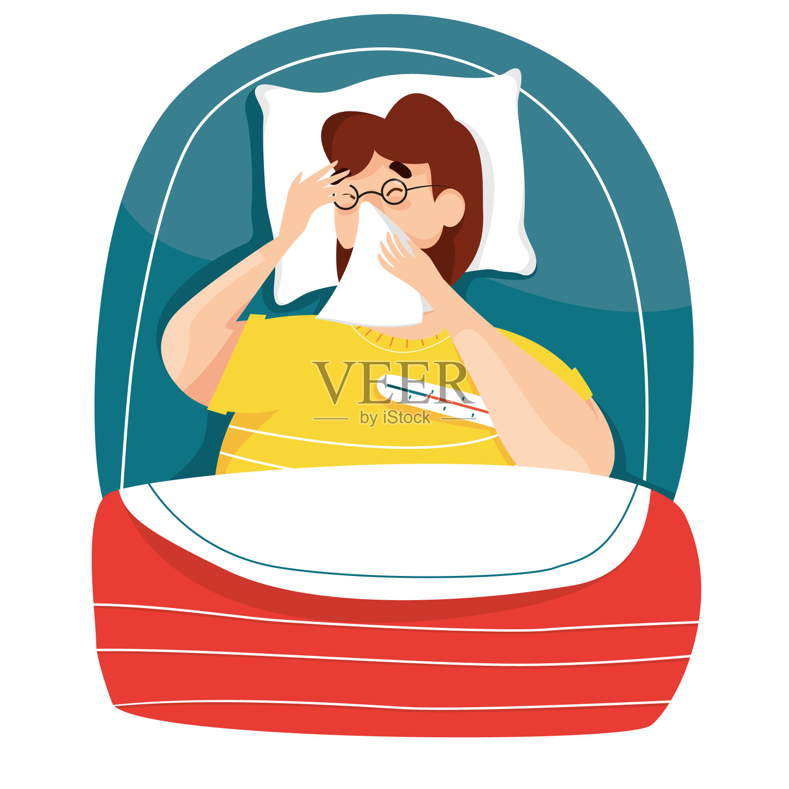 病媒插图躺在床上的病人有感冒、高烧的症状。流感感染。冠状病毒季节过敏。自我孤立。疫情大流行。病毒感染。隔离。设计元素图片