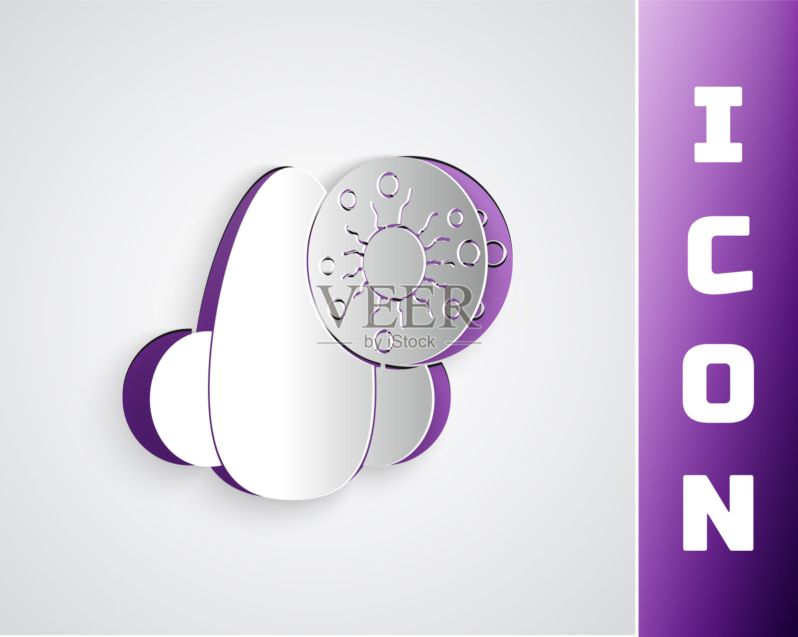 剪纸流鼻涕和病毒图标孤立在灰色背景。鼻炎的症状,治疗。鼻子和打喷嚏。鼻腔疾病。纸艺术风格。矢量图插画图片素材