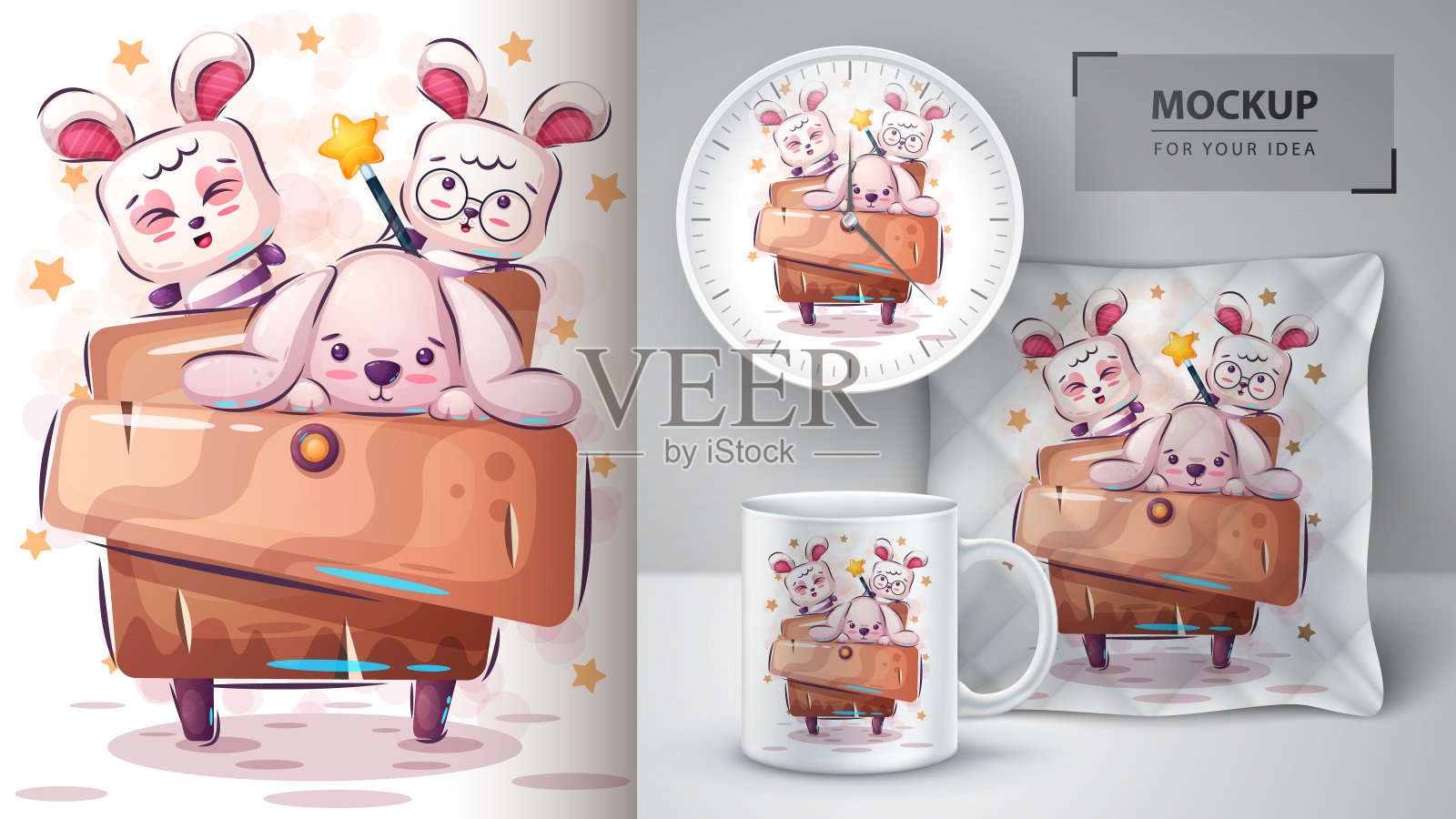 可爱的兔子海报和商品插画图片素材