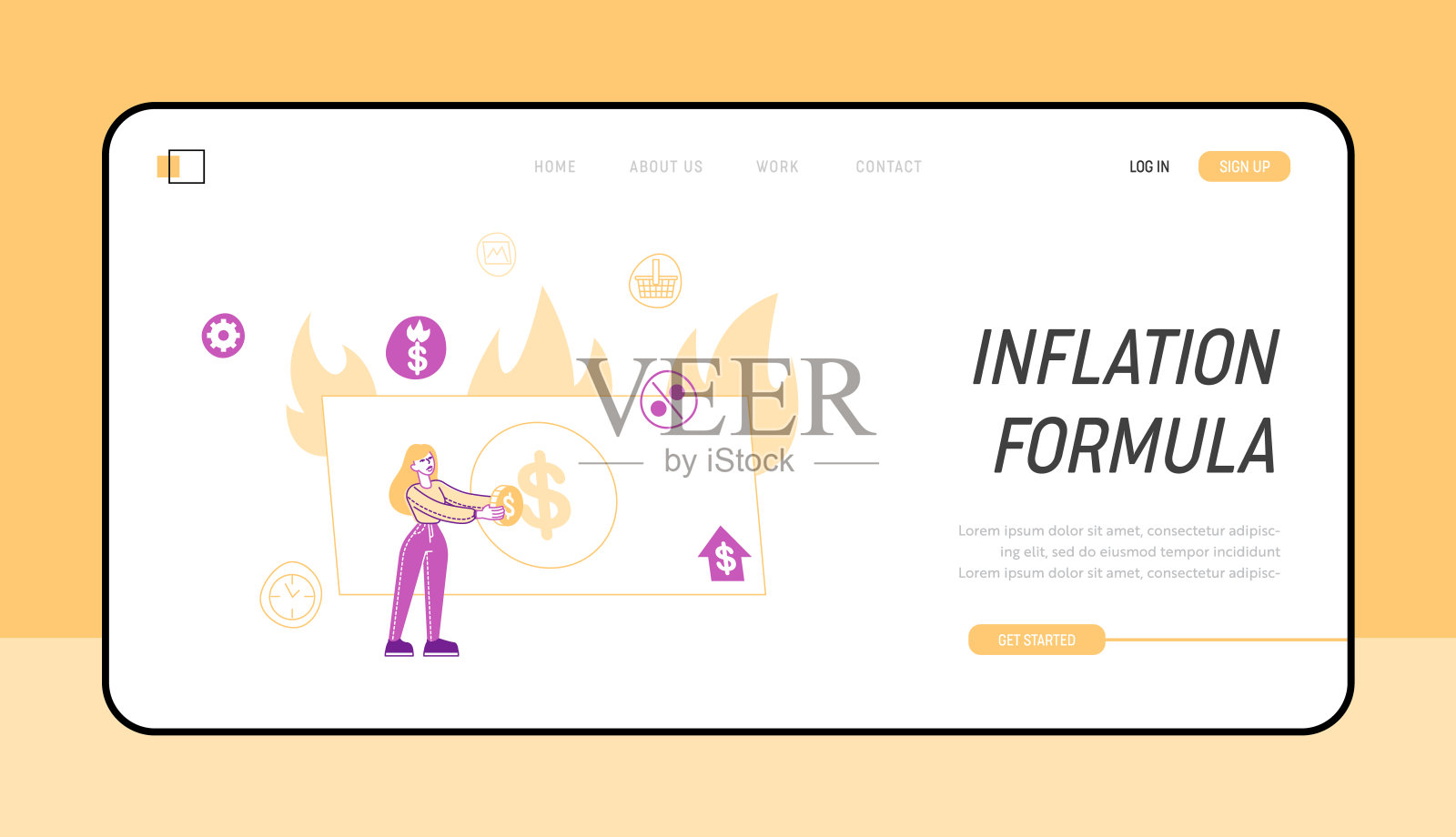 通货膨胀，价格上涨和股票市场衰退着陆页模板。女性角色与硬币在巨大的纸币燃烧。经济危机，利润损失。线性向量插图插画图片素材