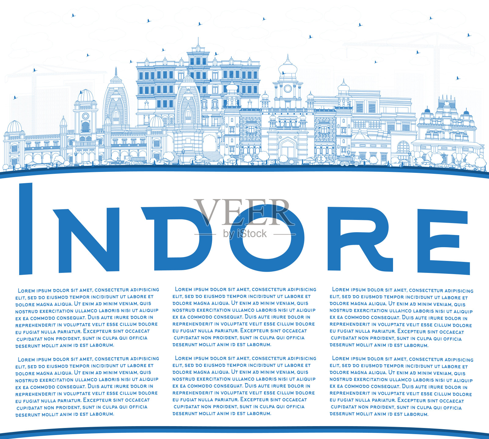 印多尔印度城市天际线轮廓与蓝色建筑和复制空间。插画图片素材