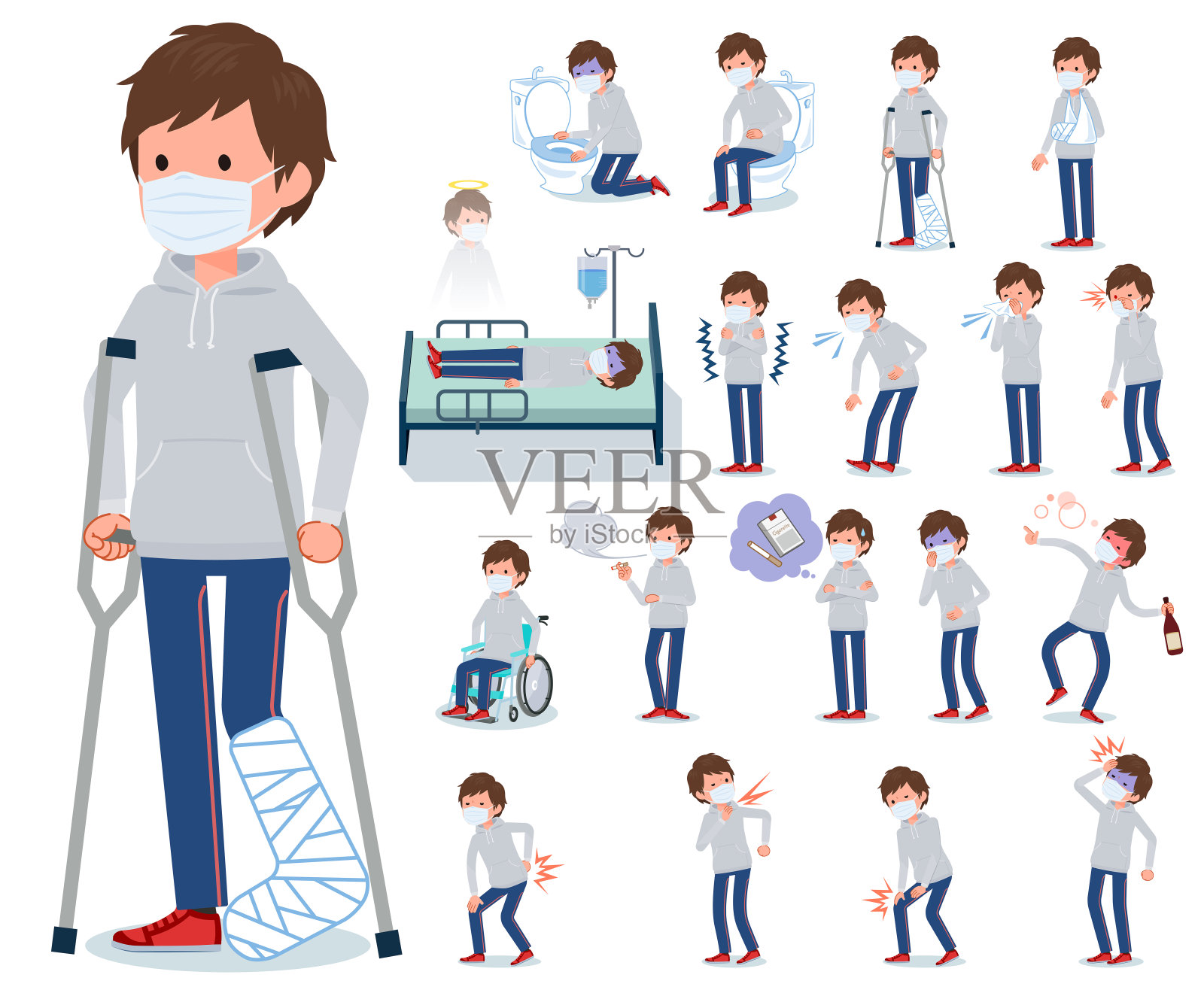 扁平型口罩灰色吃货男人病插画图片素材