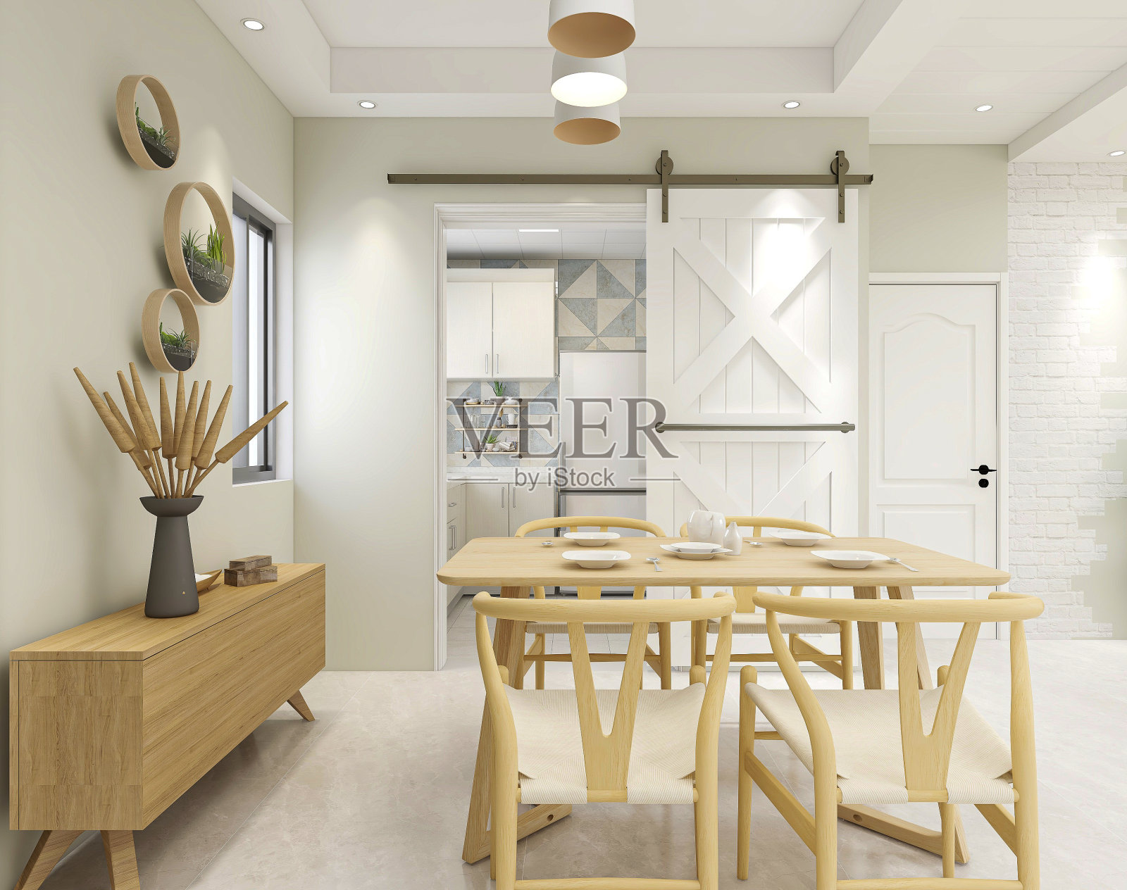 3D效果图，温馨餐厅区域设计，木制桌椅照片摄影图片