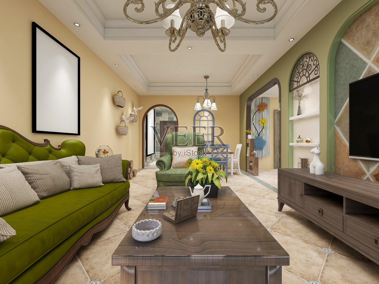 3D效果图，干净整洁的现代客厅设计，入口配有鞋柜、沙发、电视、桌子、休闲椅等设施照片摄影图片