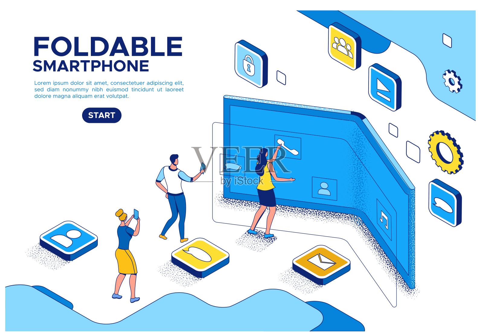 可折叠手机的等距概念与人们使用灵活的智能手机，卡通人物与未来小工具，蓝色和黄色的组成，3d矢量插图插画图片素材
