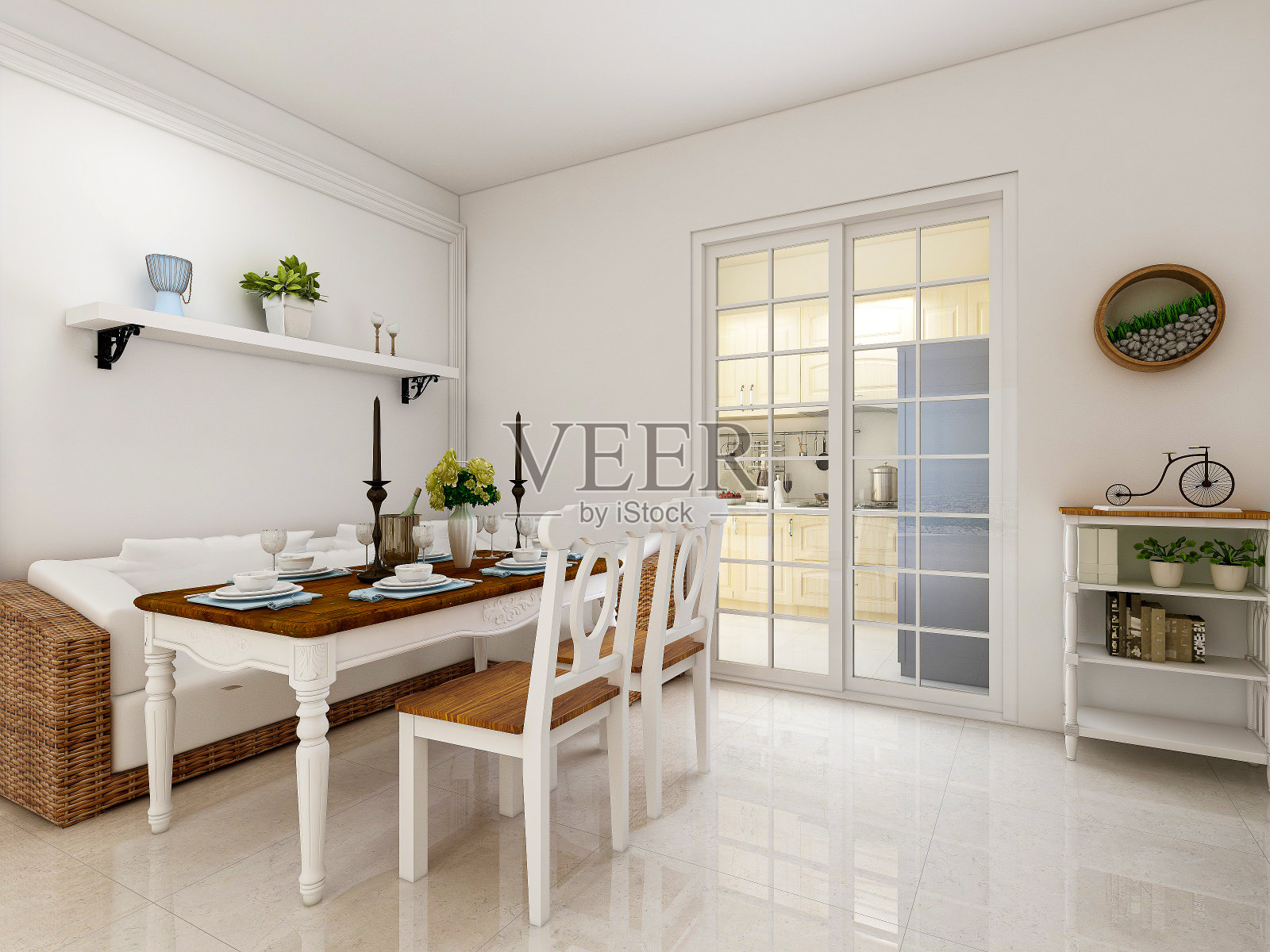 3D效果图，温馨餐厅区域设计，木制桌椅照片摄影图片