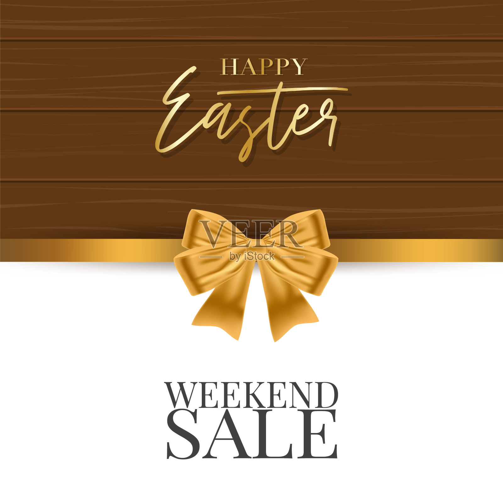复活节促销海报或横幅。金弓装饰木板背景。矢量插图。插画图片素材