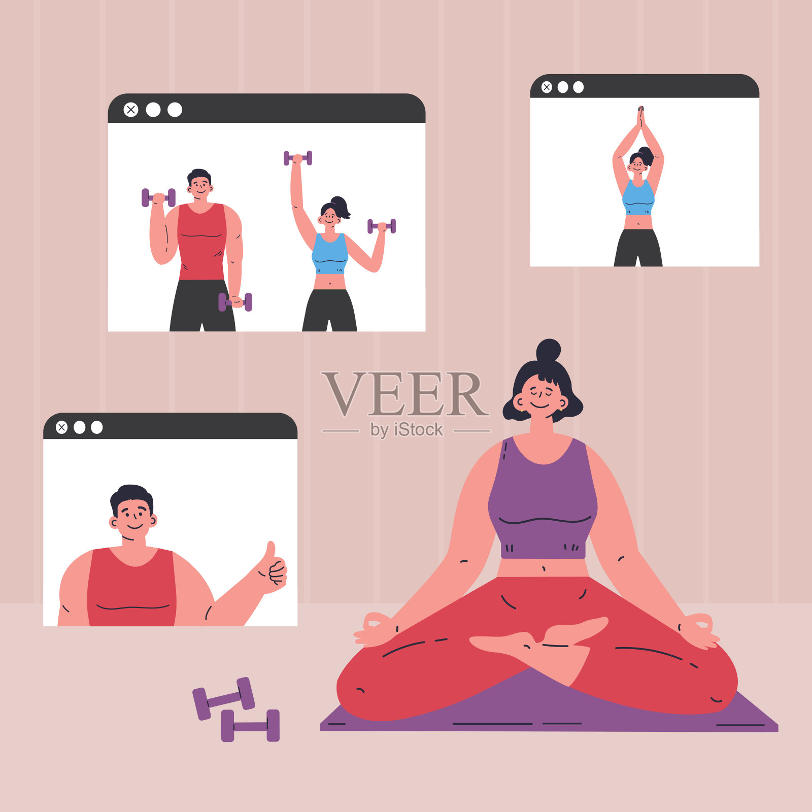 在隔离期间做运动。瑜伽插画图片素材